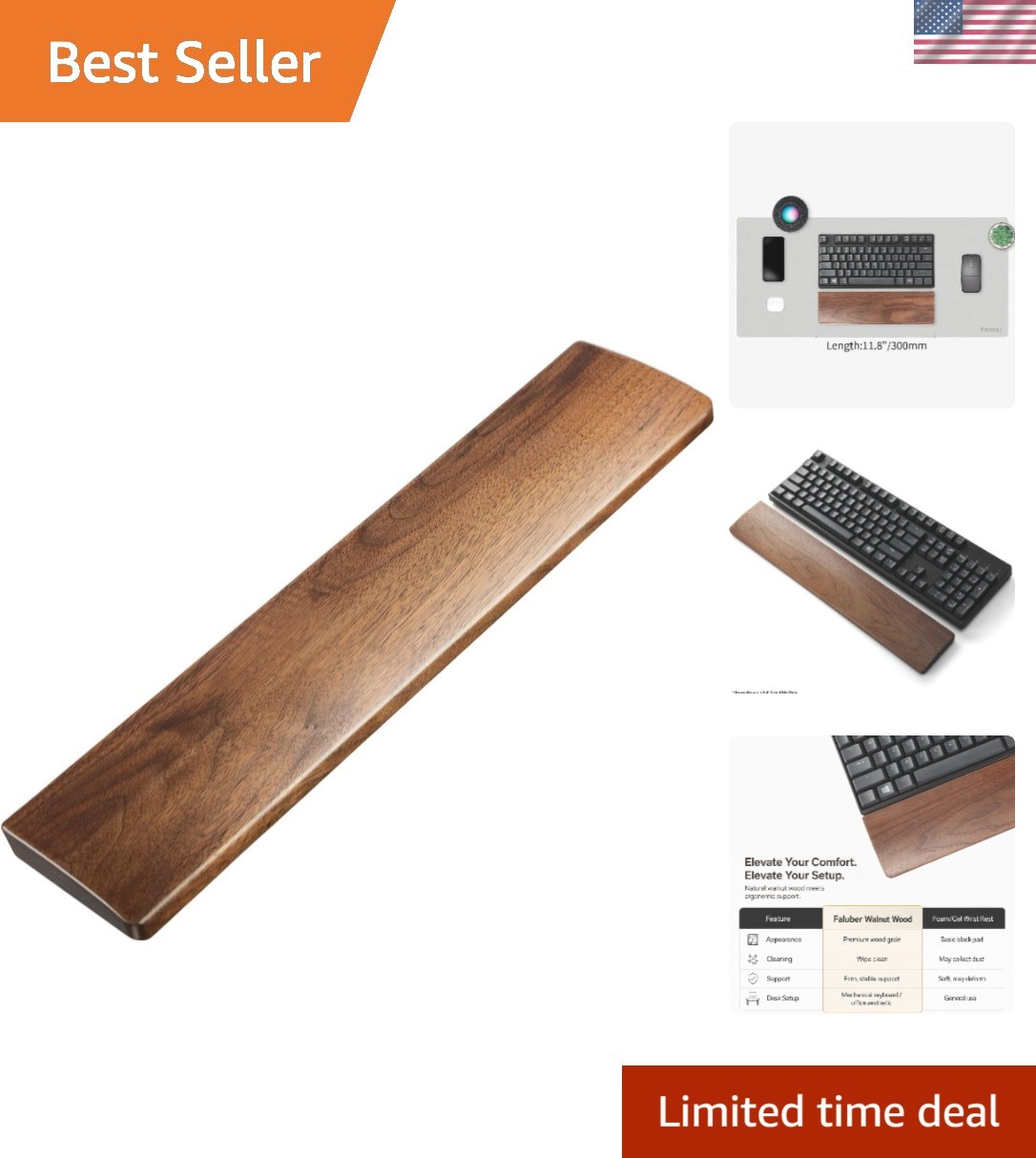 Wooden Wrist Rest, 12-inch Length and 20mm Thickness for Compact Keyboard, Wa...