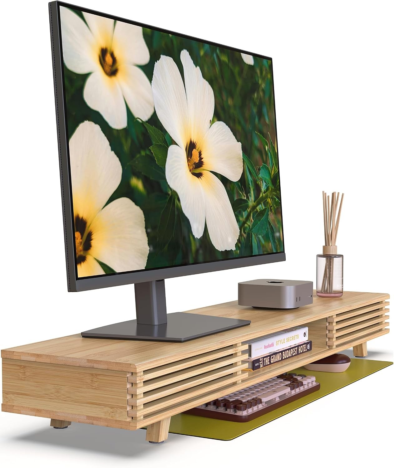 Bamboo 42” Dual Monitor Stand with Sliding Doors Desk Shelf | Ergonomic Relief
