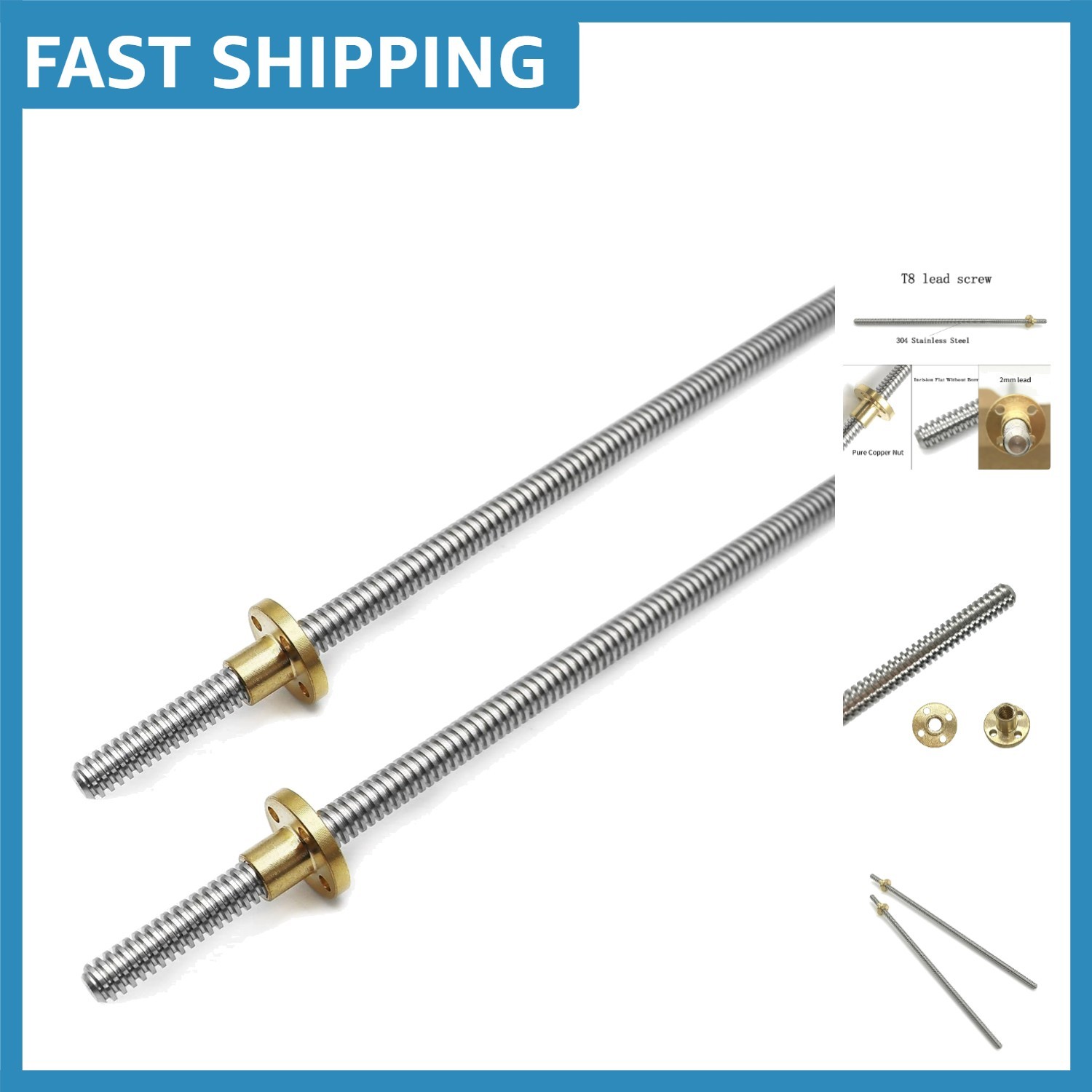 High Precision 2pcs 350mm T8 Brass Lead Screws - Upgrade 3D Printer Z Axis
