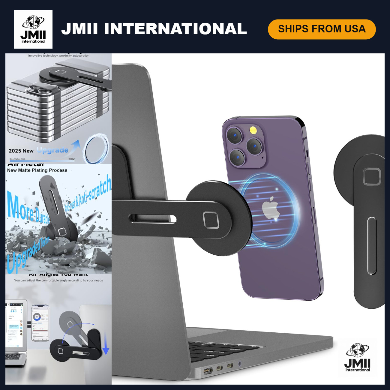 Adjustable Laptop Stand with Magnetic Phone Holder - Ergonomic Black Design