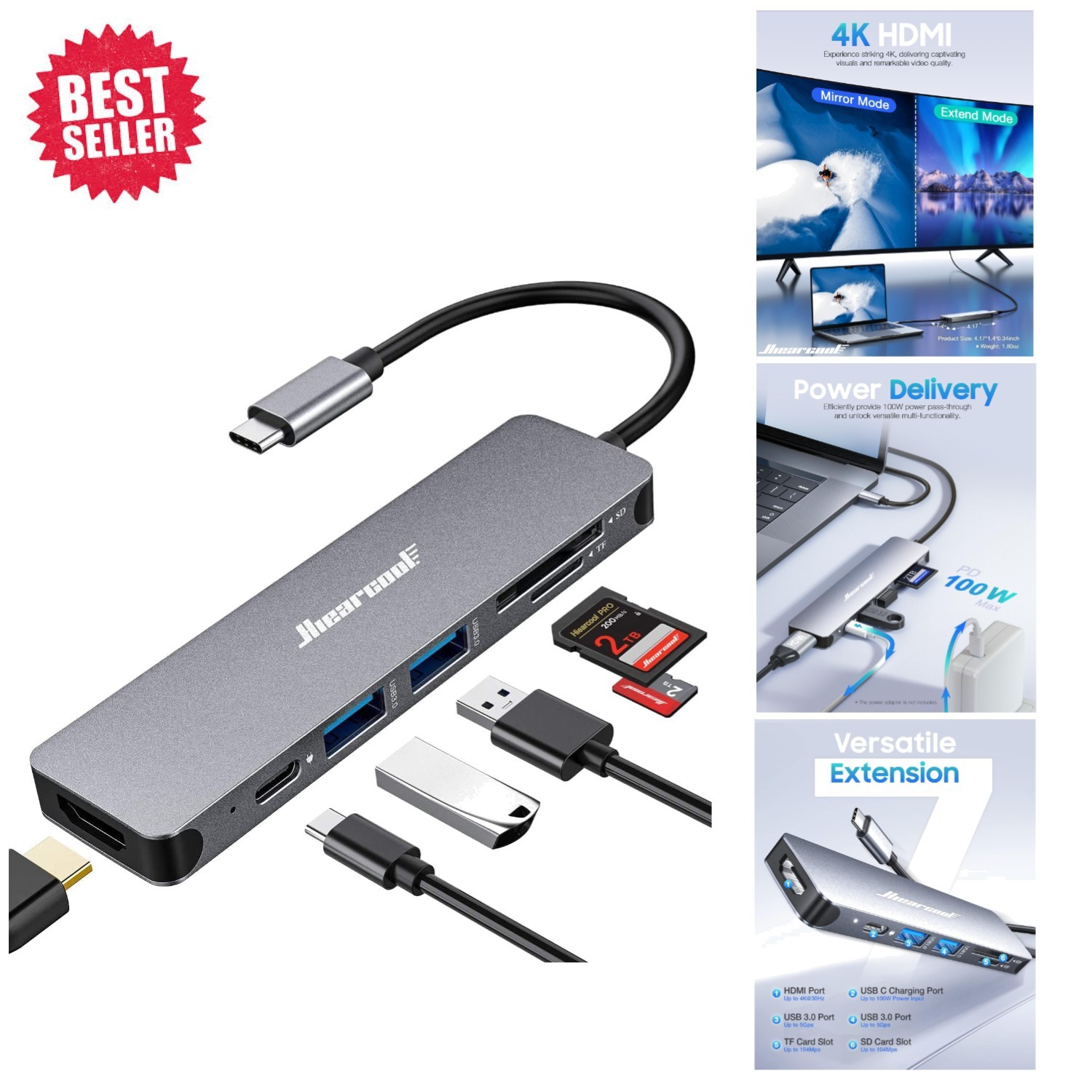 Elegant 7-in-1 USB C Hub - 4K HDMI, Power Delivery & Data Transfer in Space Grey
