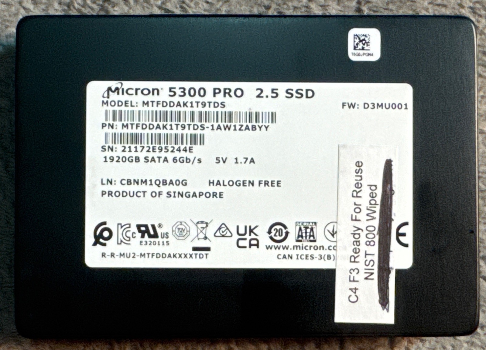 Micron 5300 PRO 1.92TB 2.5" SATA SSD MTFDDAK1T9TDS-1AW1ZABYY, 100% Health
