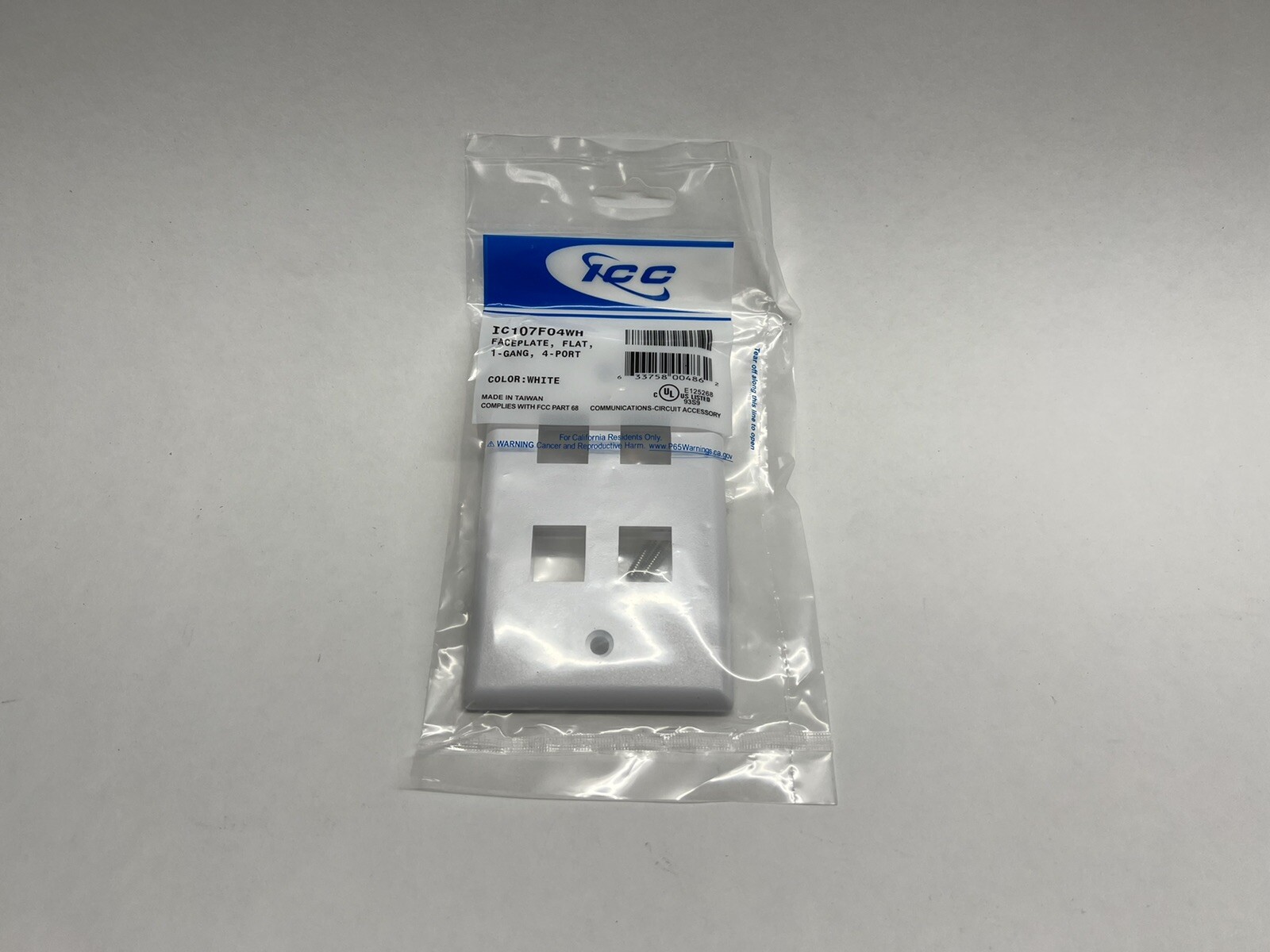 ICC IC107F04WH - 4 Port Single Gang Faceplate White ICC-FACE-4-WH