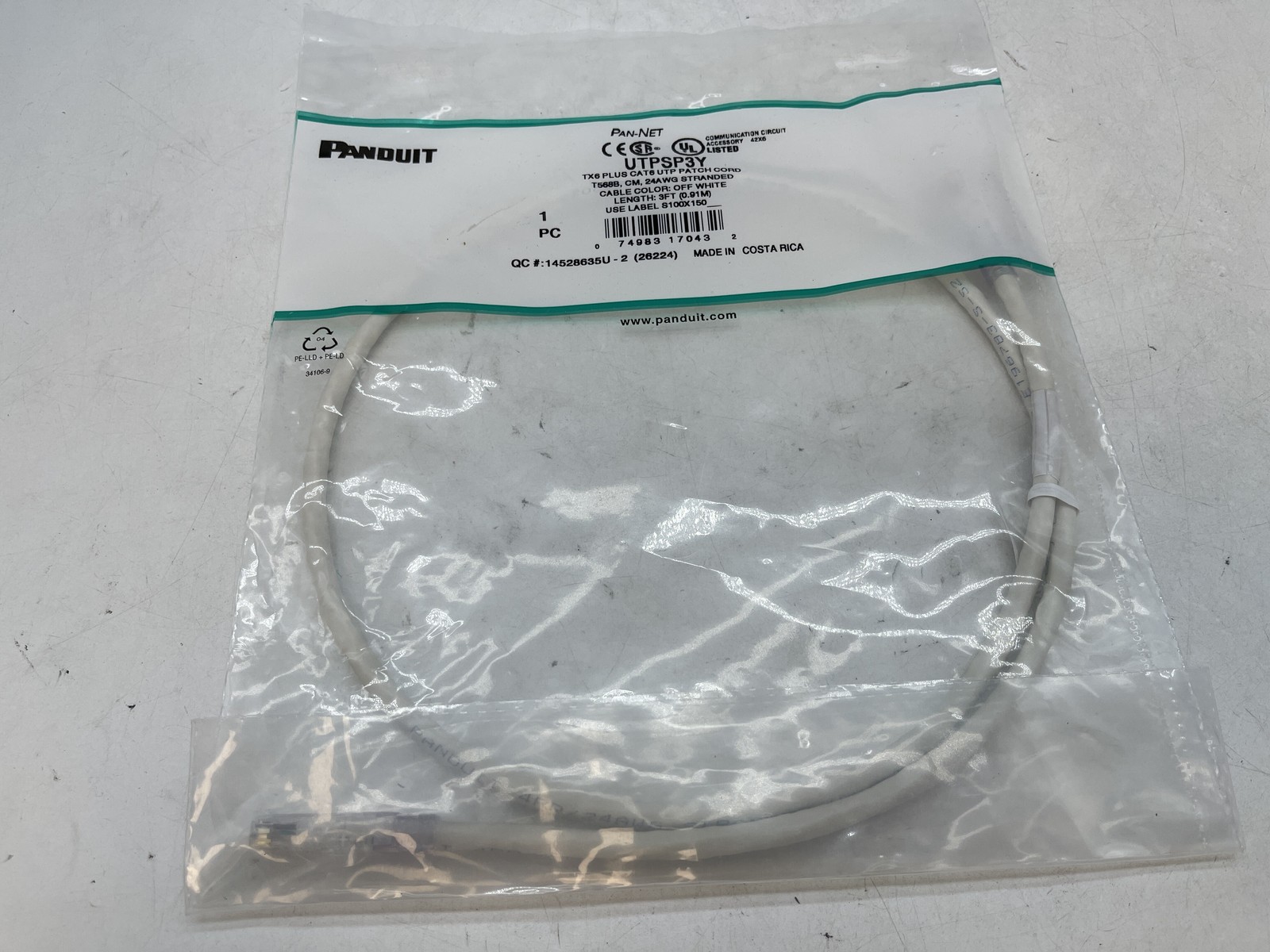 New Panduit UTPSP3Y TX6 Plus CAT6 UTP Patch Cord Off White 3' Feet - Free S/H
