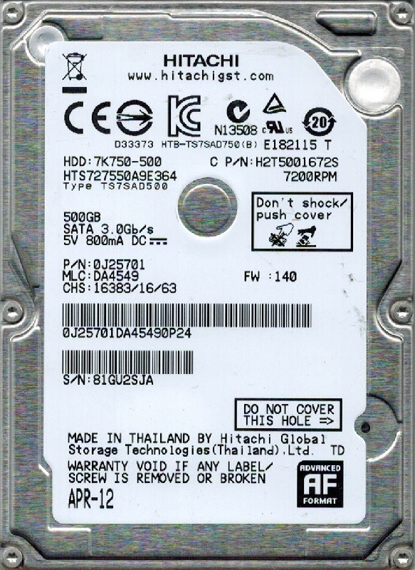 Hitachi HTS727550A9E364 P/N: 0J25701 MLC: DA4549 500GB