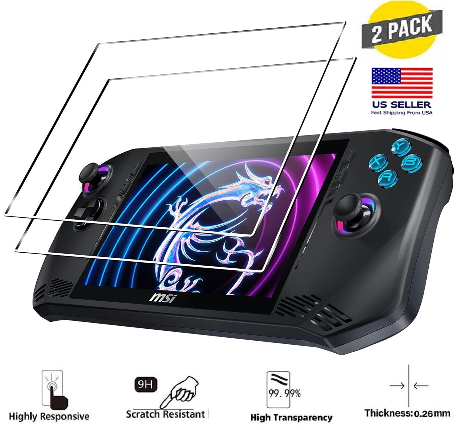 2 Pack Tempered Glass Screen Protector For MSI Claw A1M - Grip and Game (2024)