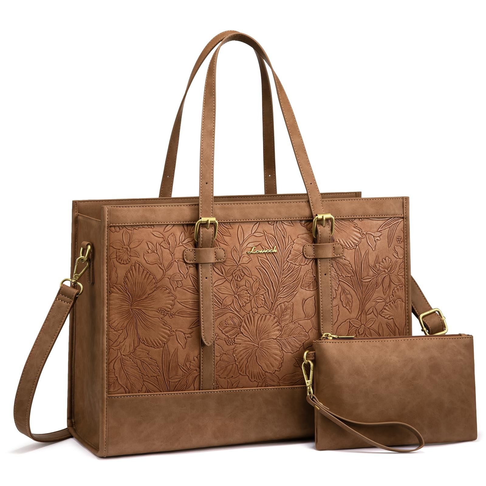 LOVEVOOK Work Tote Bags for PU Leather 15.6 inch, Pu Brown Embossed