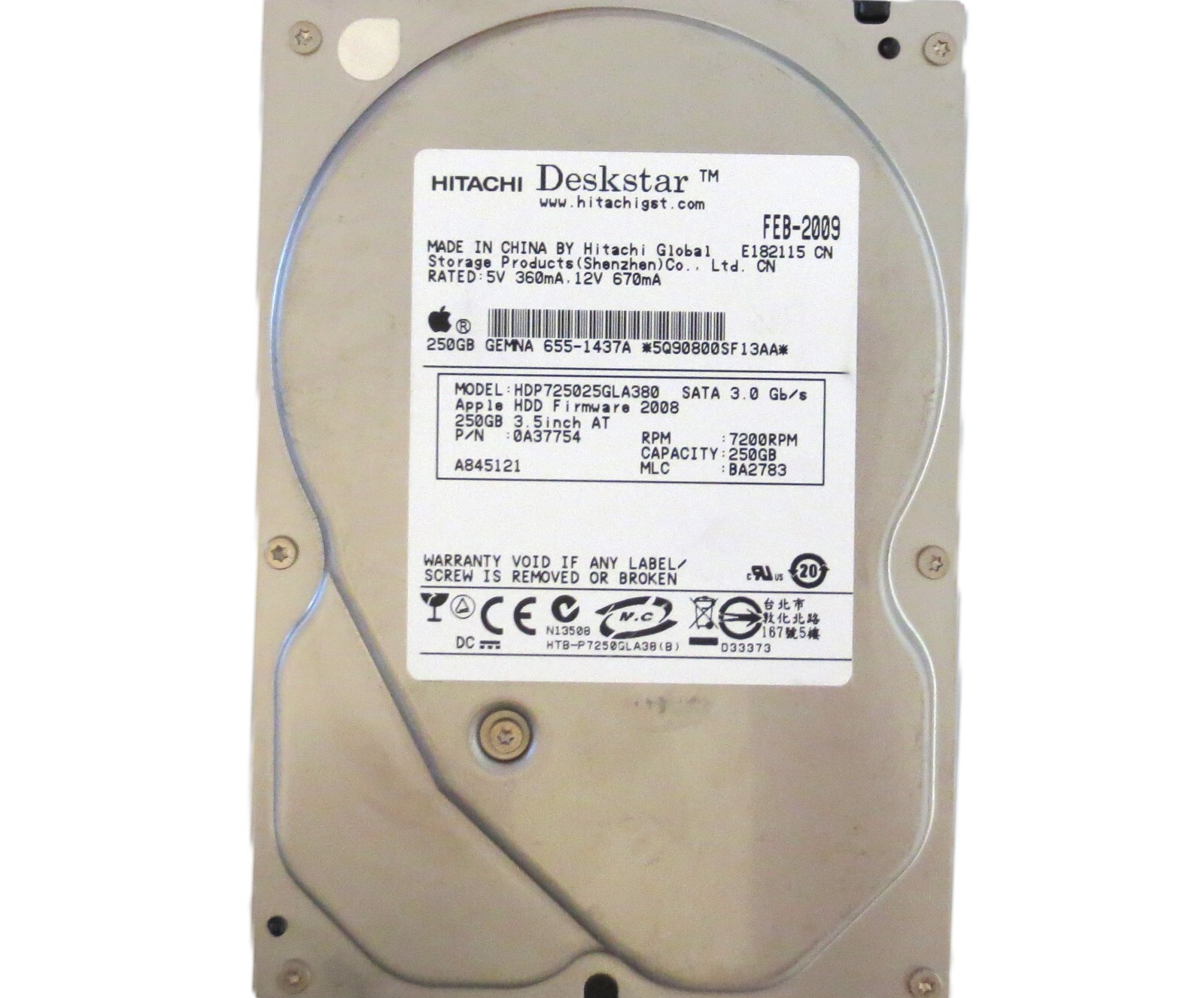 Hitachi HDP725025GLA380 0A37754 BA2783 (5Q9) China 250gb 3.5" Sata HDD 2009