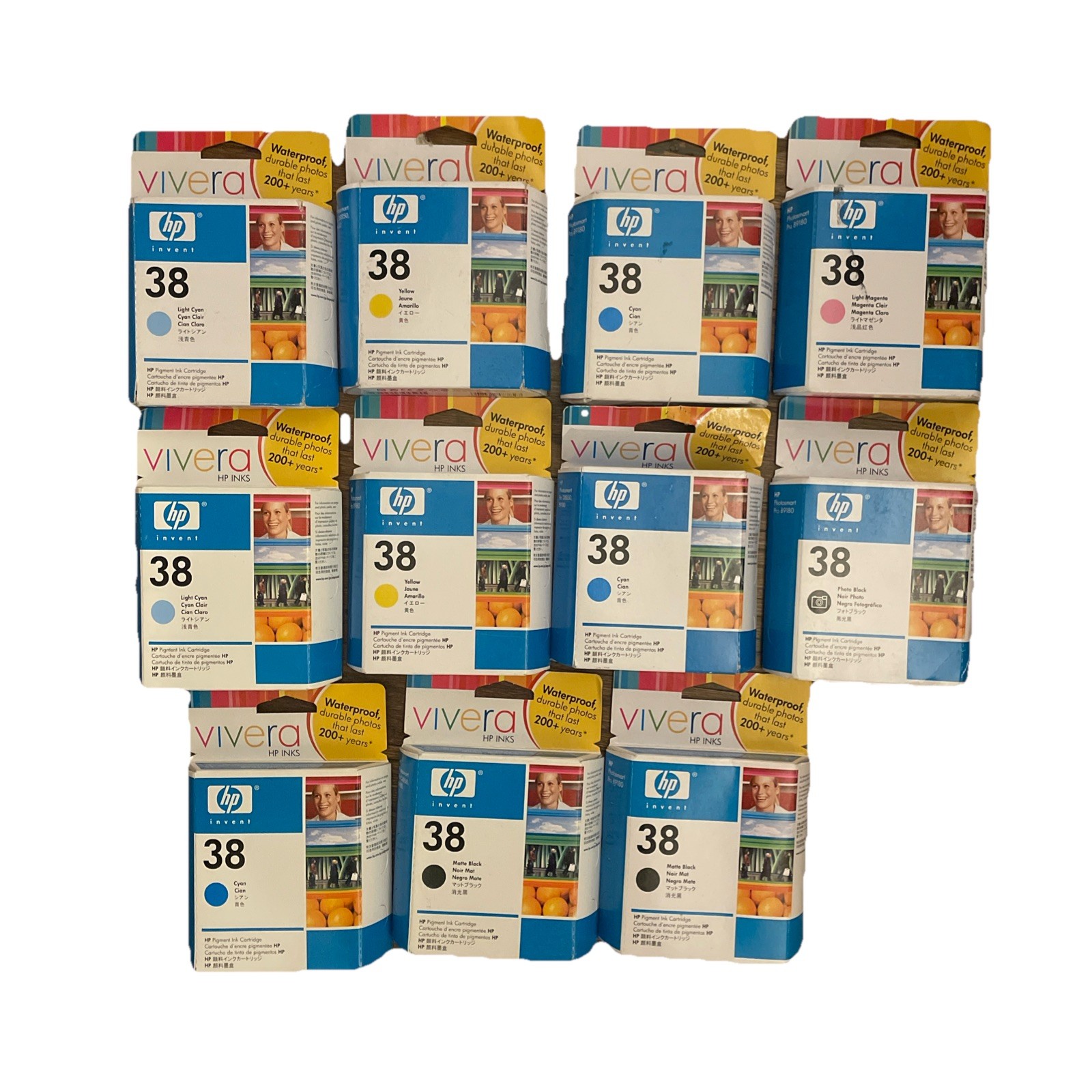 Lot of 11 Genuine HP Vivera 38 Ink Cartridge, Cyan, Matte Black, Magenta, Yellow