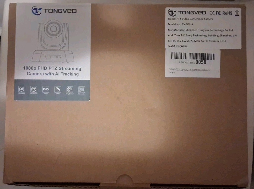TONGVEO PTZ Camera 3X Zoom 1080P 60fps - HDMI USB - AI Tracking - ‎TV-V3HA 
