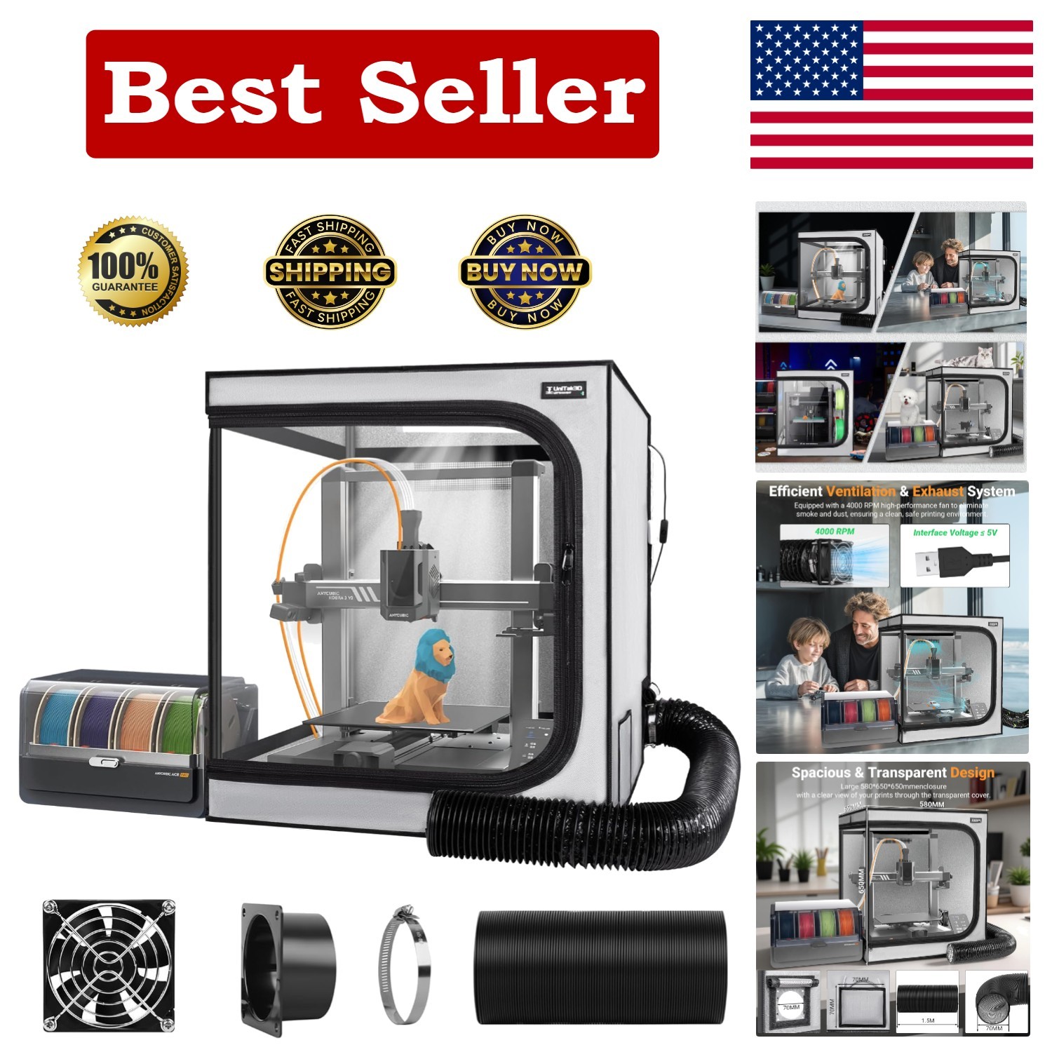 3D Printer Enclosure with Ventilation Kit for Anycubic Kobra 3/3 V2 Combo/Flashf