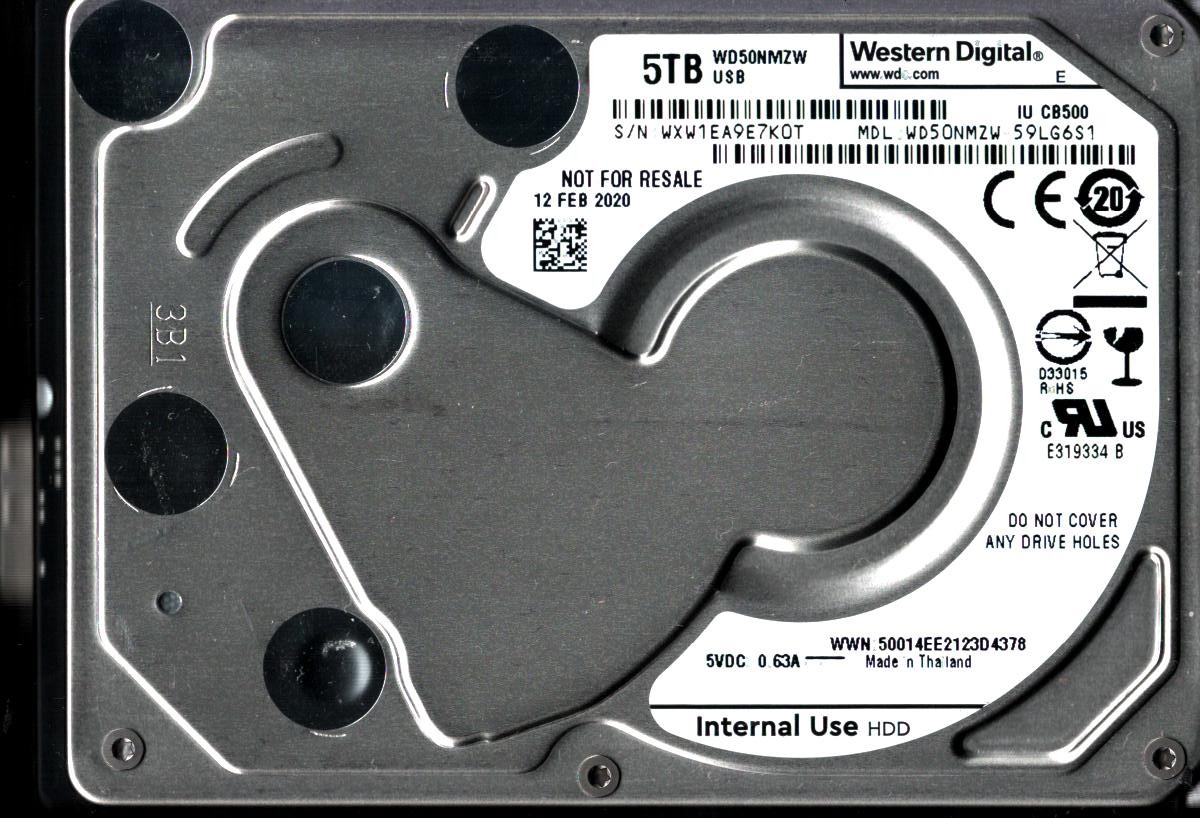 WD50NMZW-59LG6S1 S/N: WXW1E WESTERN DIGITAL 5TB THAILAND FEB 2020