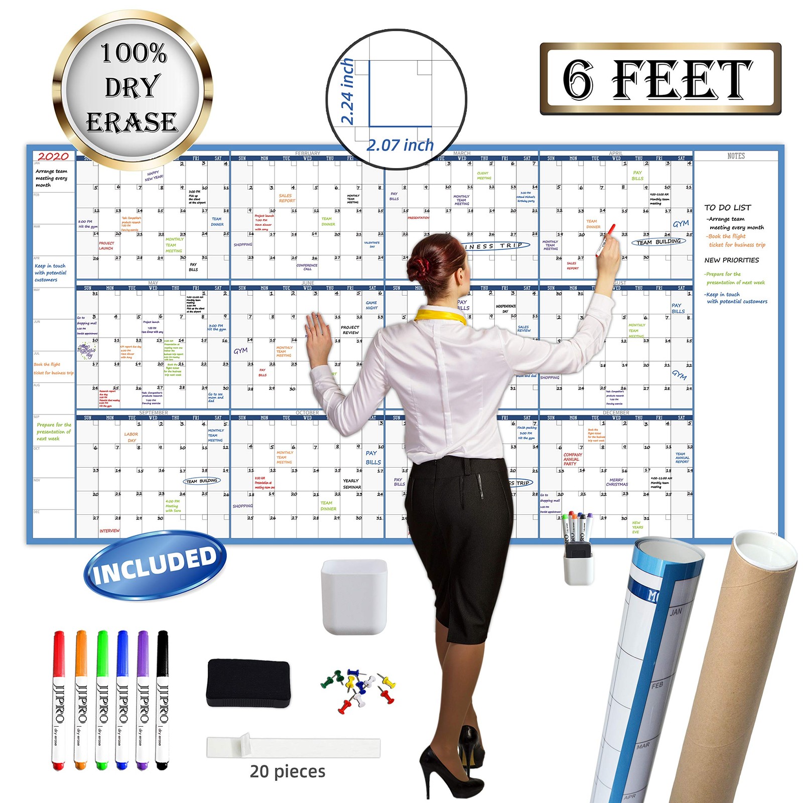 Dry Erase Wall Calendar 38 x72 Undated Reusable Laminated Whiteboard Large Blank