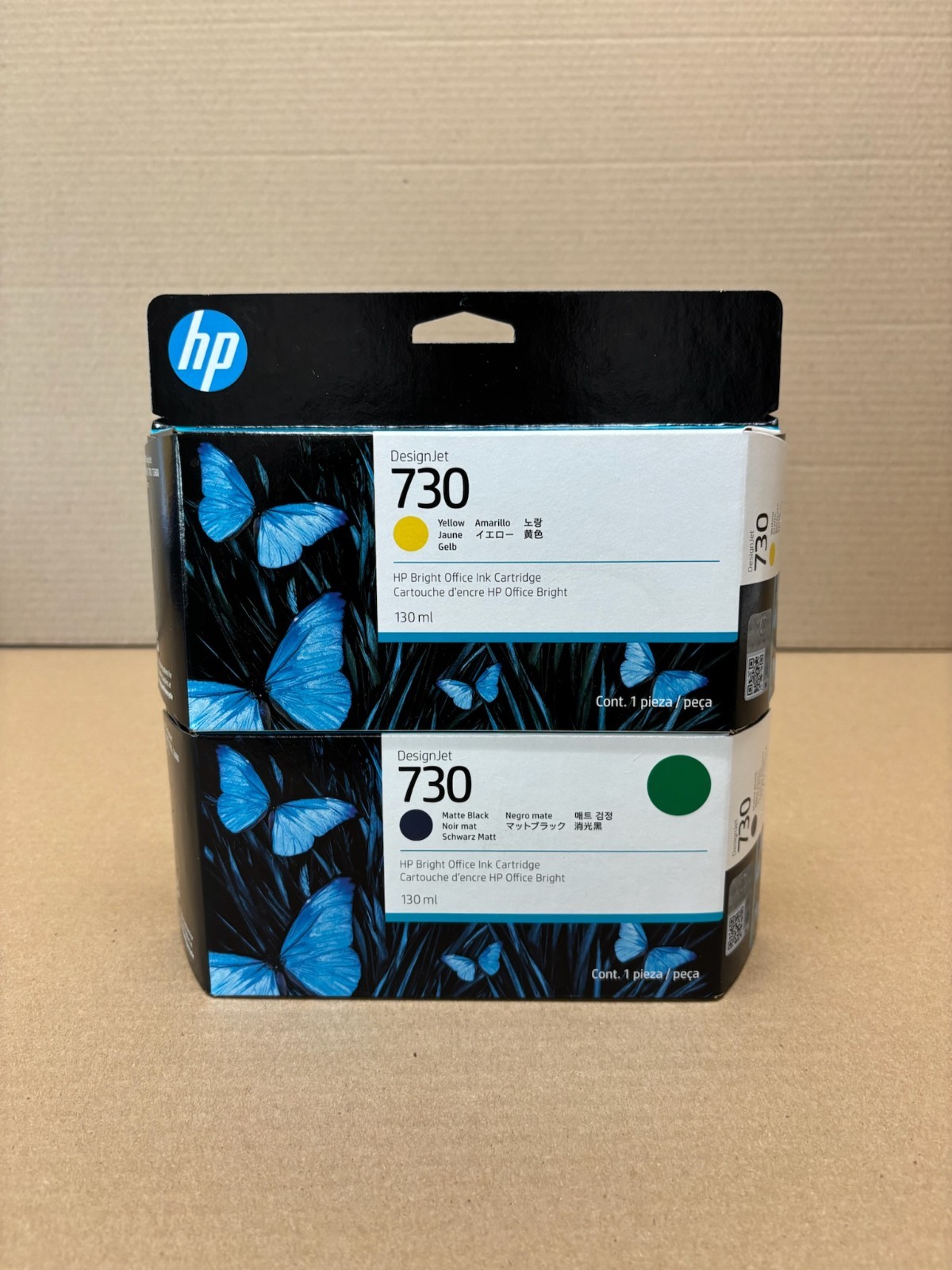 2 Genuine HP 730 DesignJet T1600, T1700, T2600 Yellow and Matte Black Ink (2028)