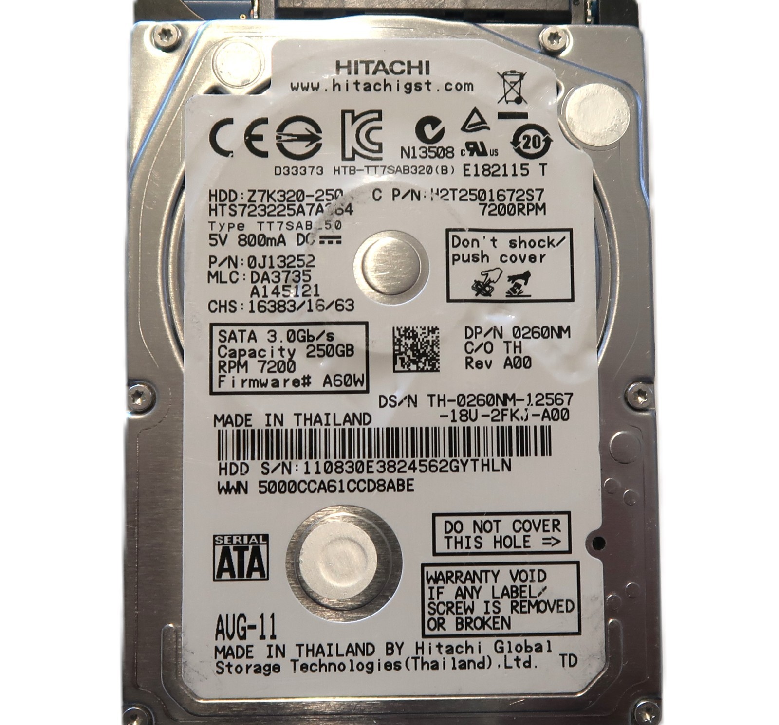 Hitachi HTS723225A7A364 0J13252 DA3735 Thailand 2.5" 250gb Sata HDD AUG-11