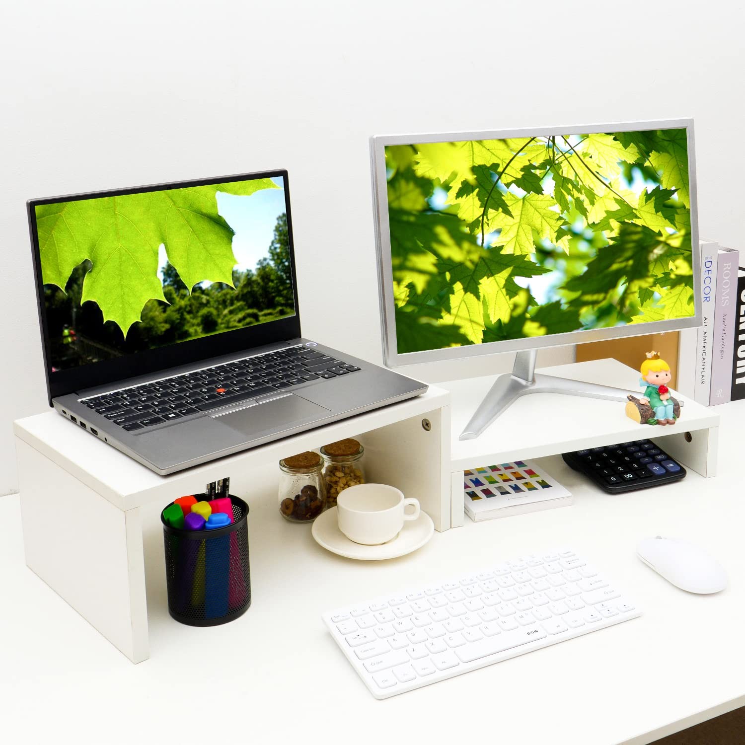 TEAMIX Adjustable White Monitor Stand Riser - 2 Pack, Wood 2 Tier Adjustable ...