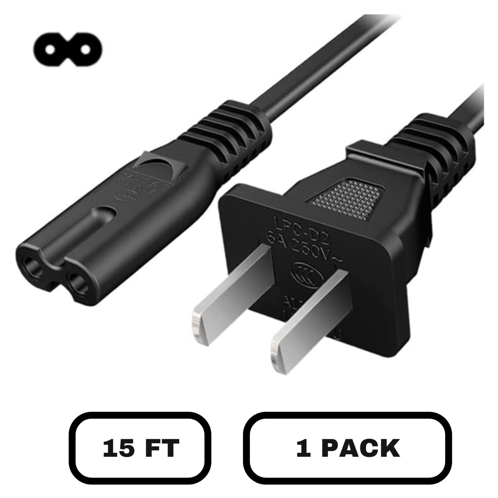 Lot of 2 Prong Power Cord Standard Plug Figure 8 AC Power Cable 15FT 125v, Black