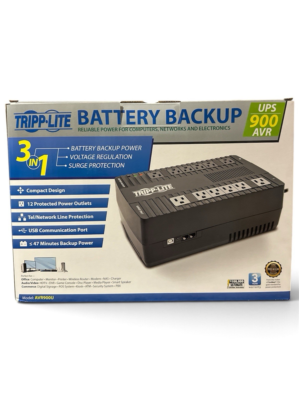 Tripp Lite UPS 900VA Battery Back-Up Tower 120V USB AVR