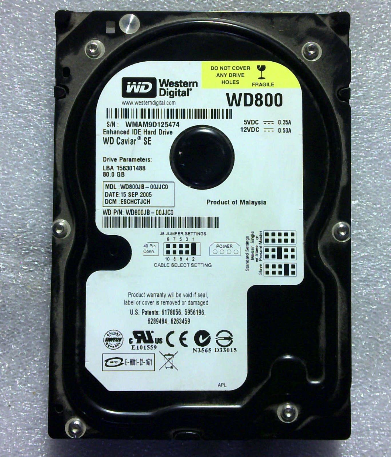 Western Digital Marvell - WD800JB-00JJC0 - 80GB - ESCHCTJCH - 08.92C - SN: WMAM9