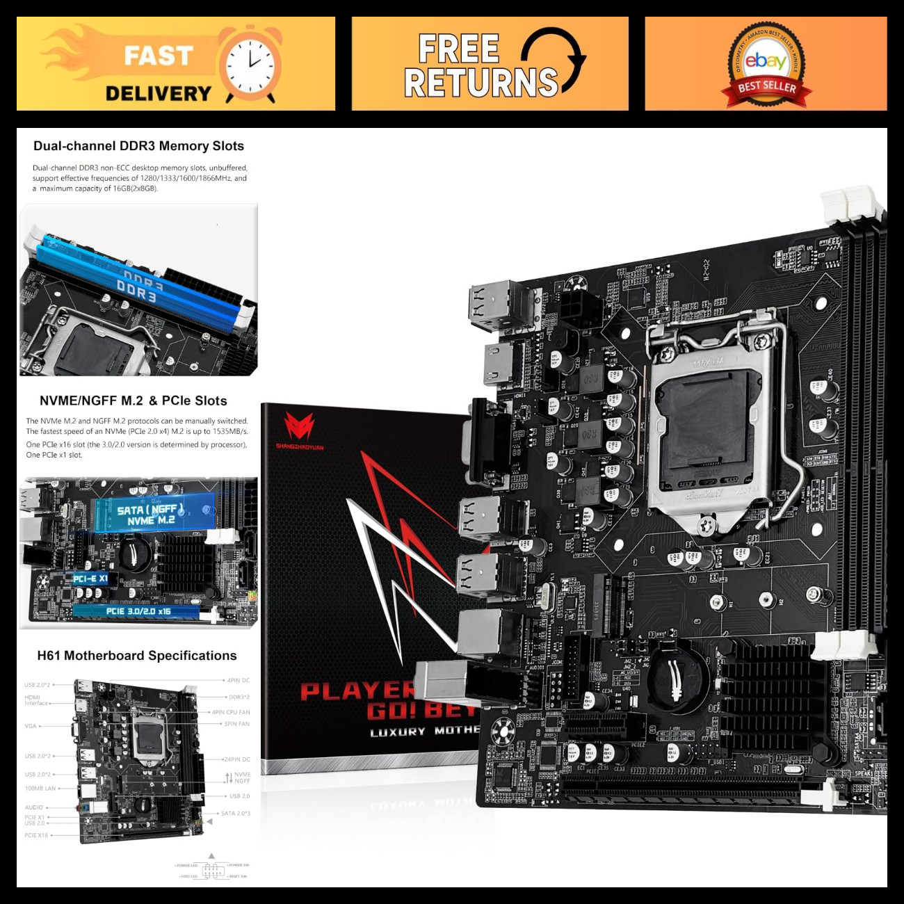 LGA 1155 H61 Motherboard for Intel 2nd/3rd Gen Core i7/i5/i3 DDR3 RAM Support