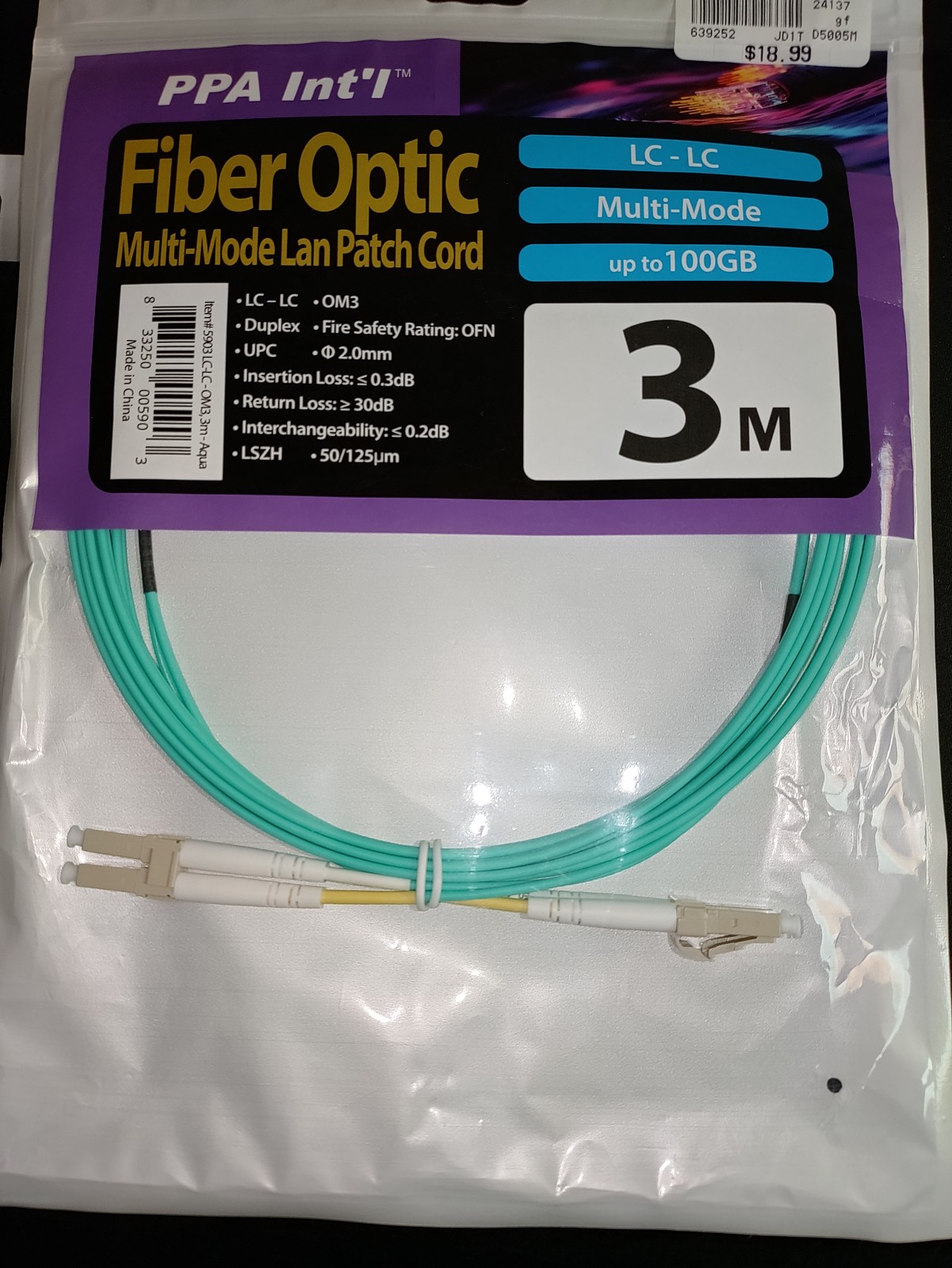 {PPA Int'l} Fiber Optic Multi-Mode LAN Patch Cord (LC - LC)- 3 Meters