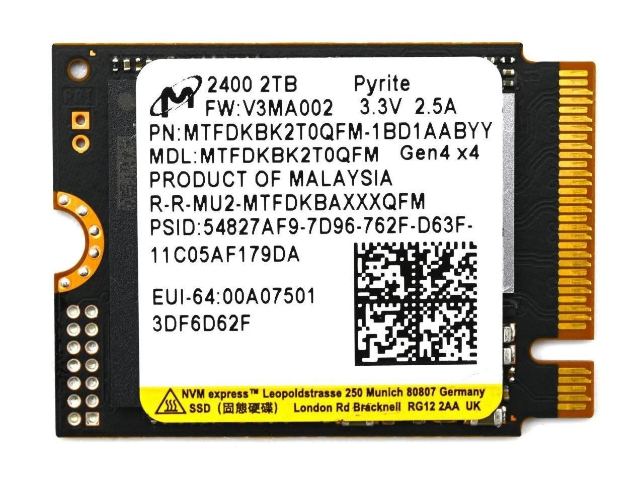 2TB Micron 2400 M.2 2230 NVMe PCIe SSD Gen 4.0x4 (MTFDKBK2T0QGN) Dell P/N:0PC20N