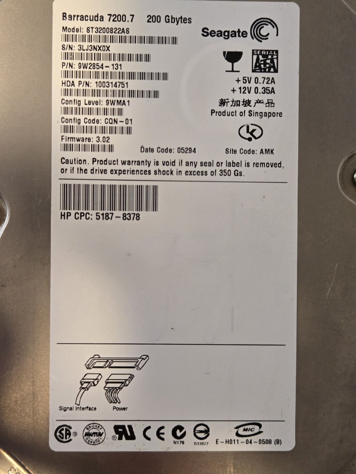 Seagate Barracuda 7200.7 200GB 3.5" SATA HDD ST3200822AS P/N 9W2854-131