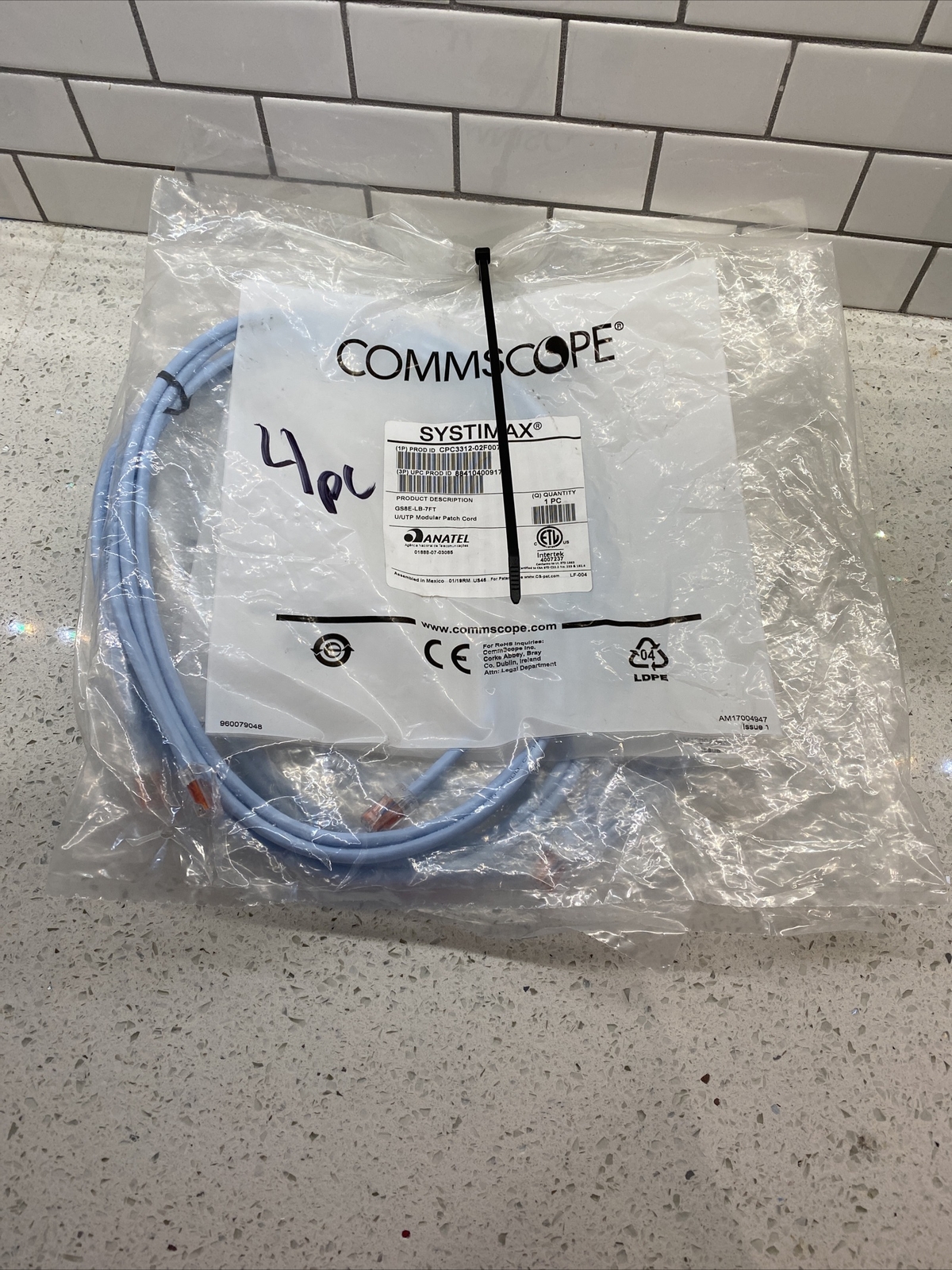 Lot of 4 Commscope Systimax GS8E-LB-7FT U/UTP Modular Patch Cord, 7Ft, Sealed