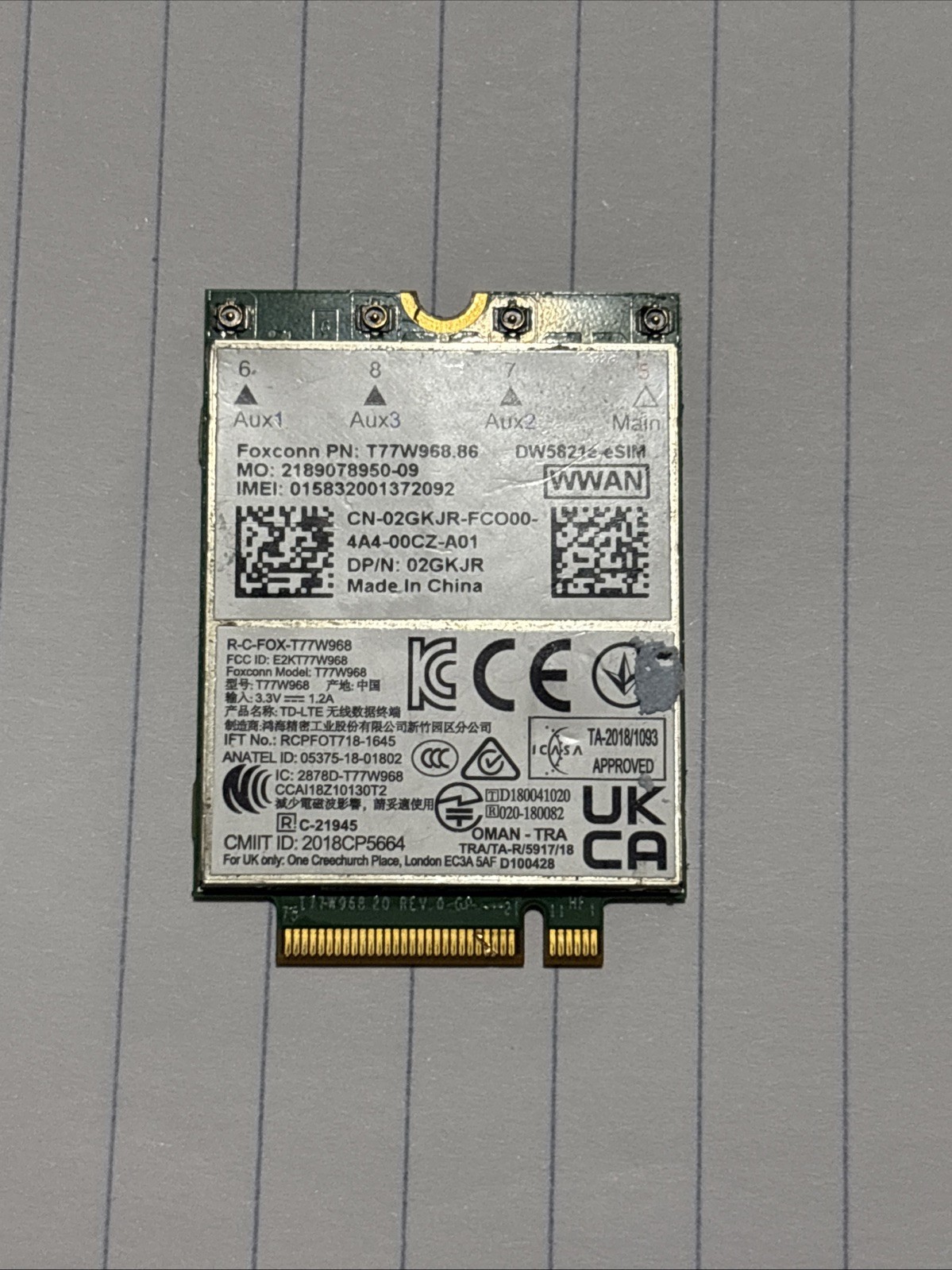 OEM Dell X20 4G LTE Card DW5821e-eSIM FOXconn T77w968 - 2GKJR 02GKJR