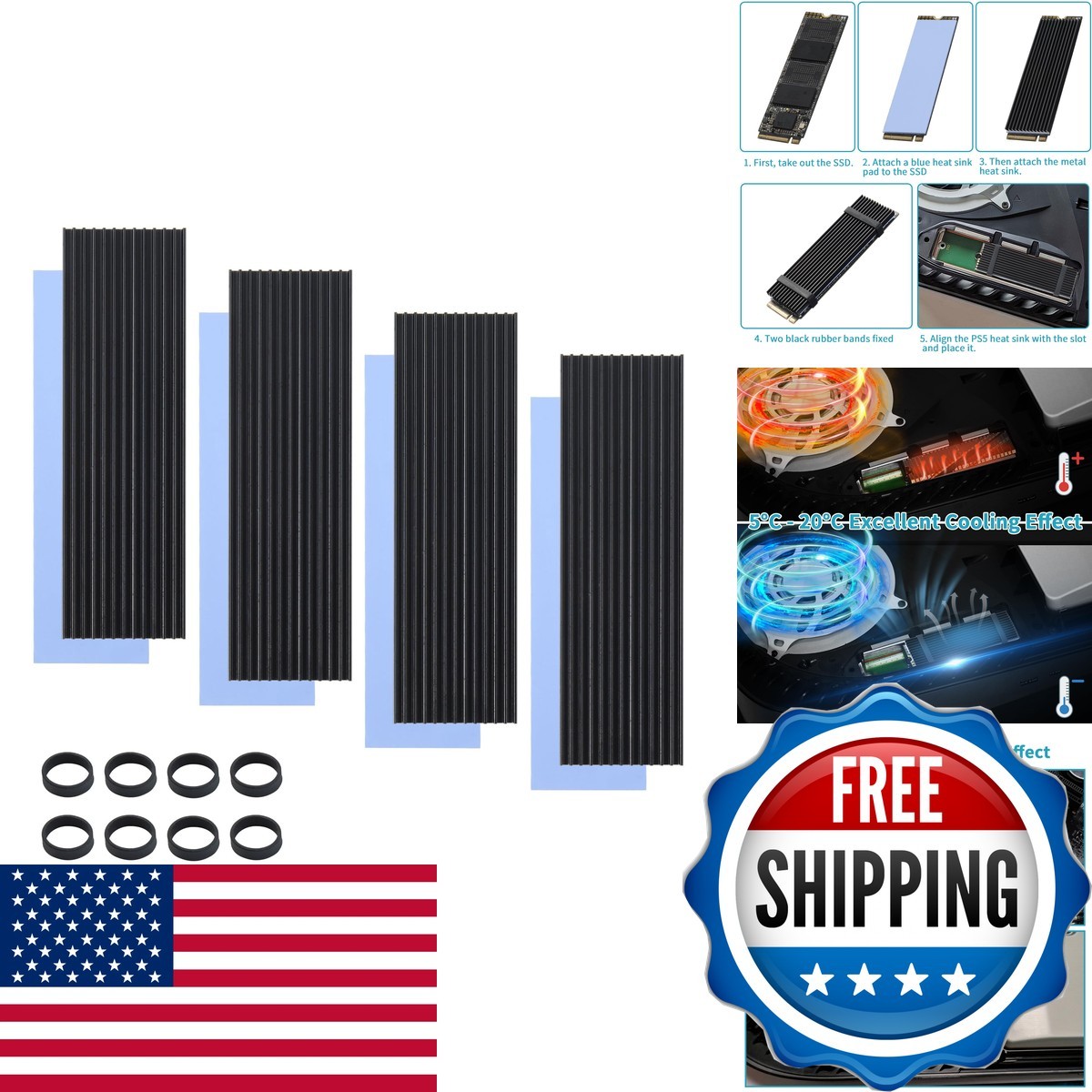 ELUTENG M.2 SSD Heatsink 4PCS 2280 NVMe Thermal Pad 8 Black Rubber Straps for