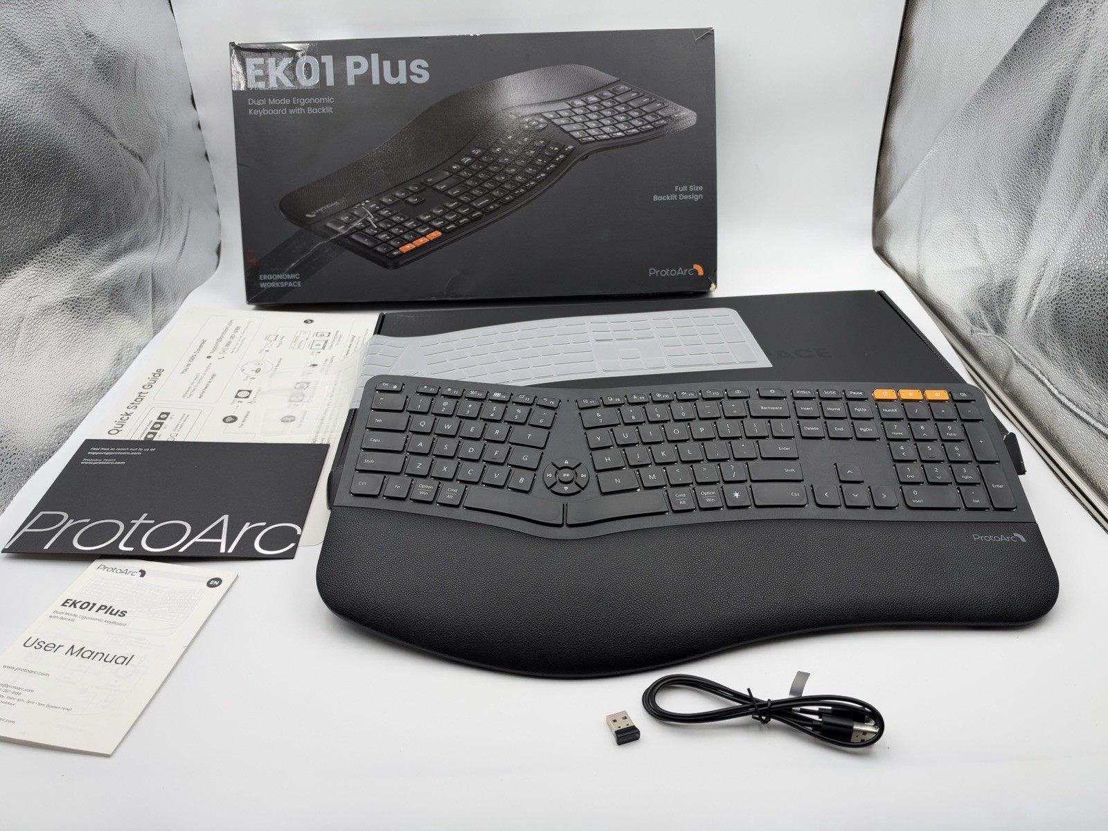 ProtoArc EK01 Plus Dual Mode Ergonomic Keyboard Wireless Bluetooth Backlit Black