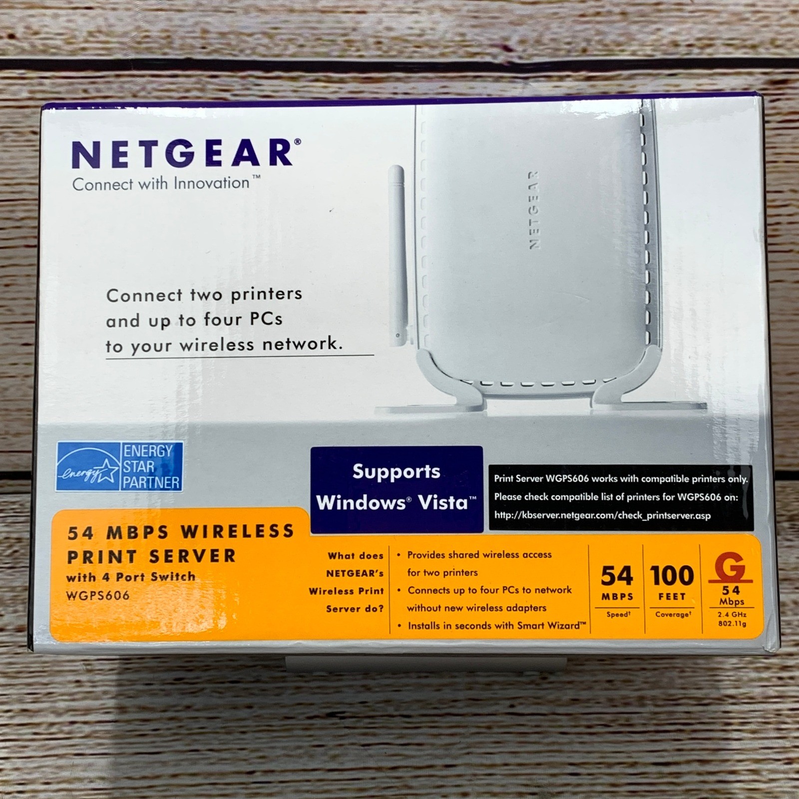 NETGEAR WGPS606 54 Mbps Wireless Print Server With 4 Port Switch Unused
