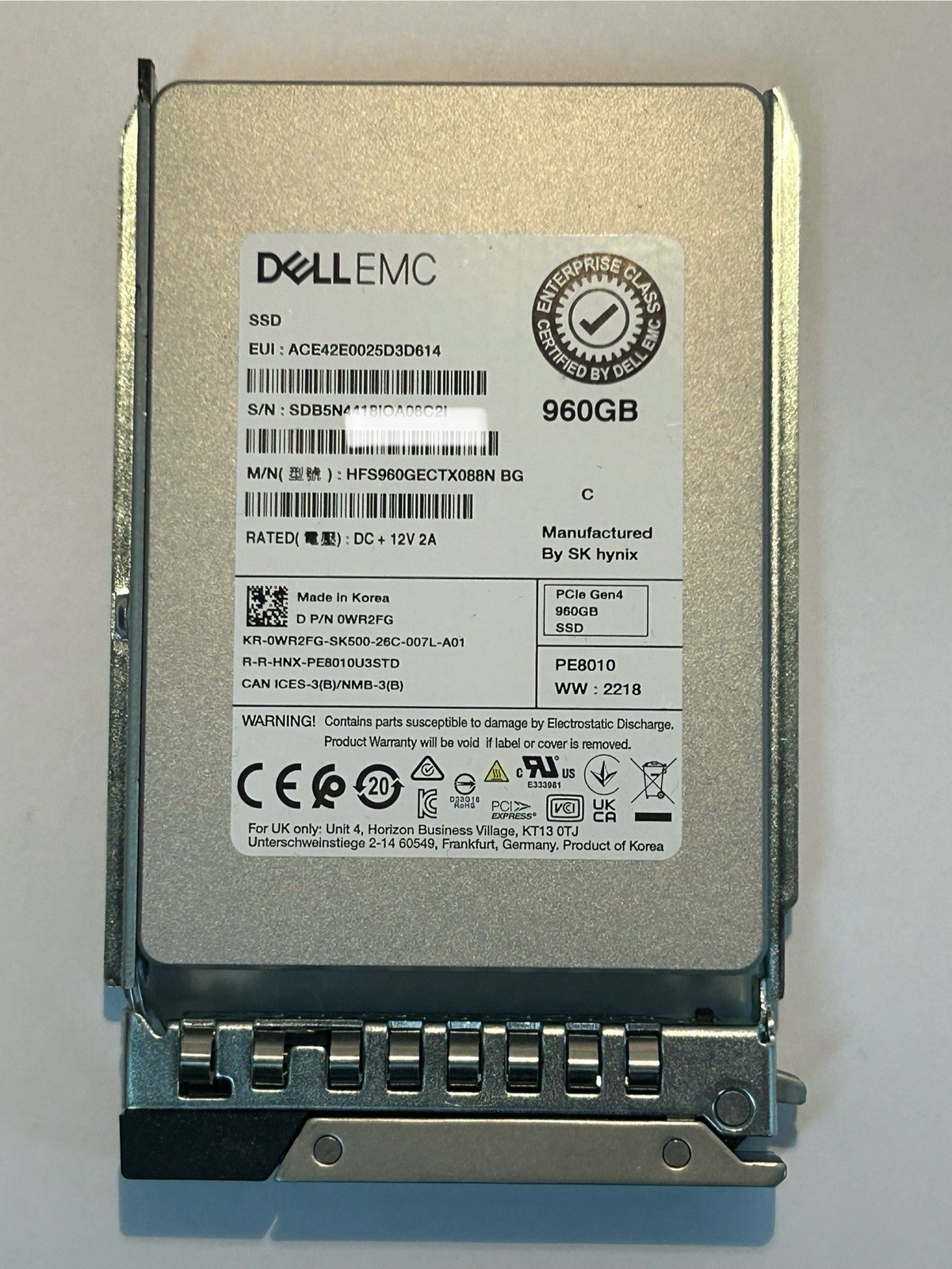 DELL 0WR2FG 960GB NVME PCIe Gen4 HFS960GECTX088N RI 2.5in U.2 SSD -100% Life