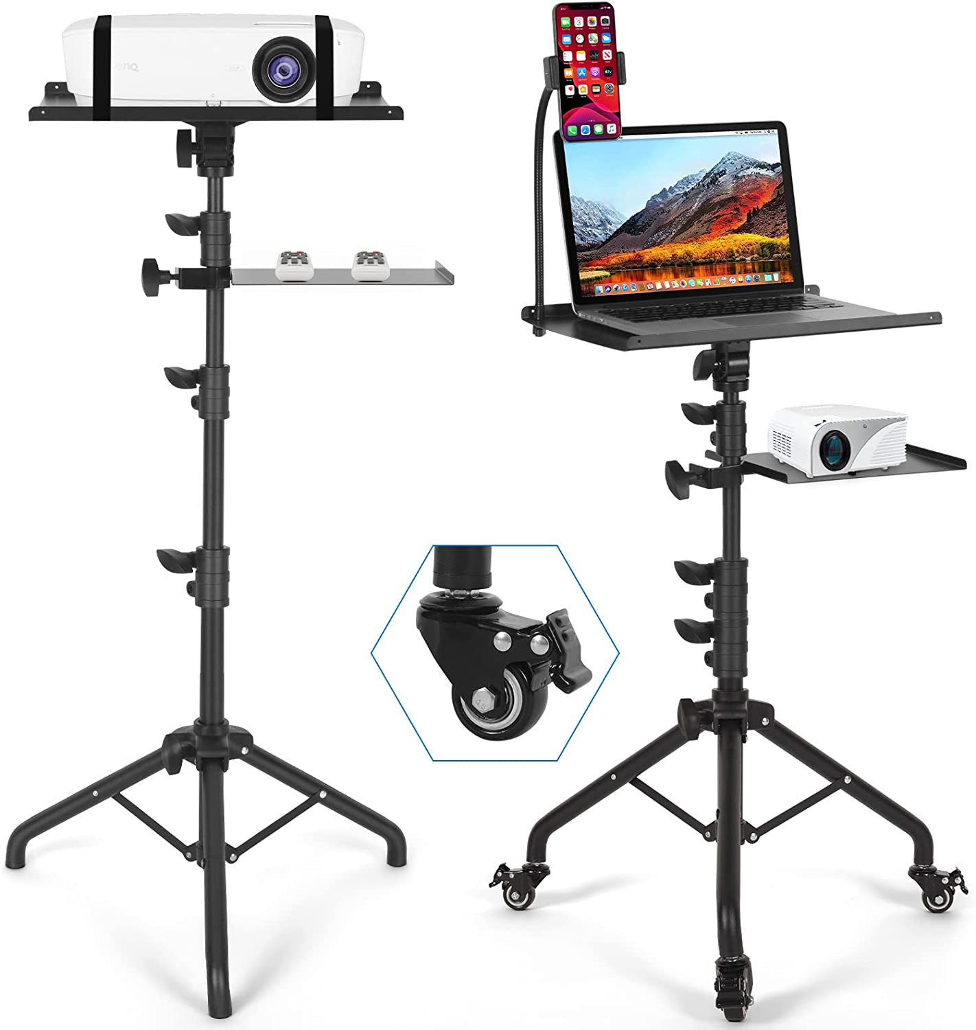 Tossbiss Laptop Tripod on Wheels with 2 Shelves, Portable Projector Floor Stand