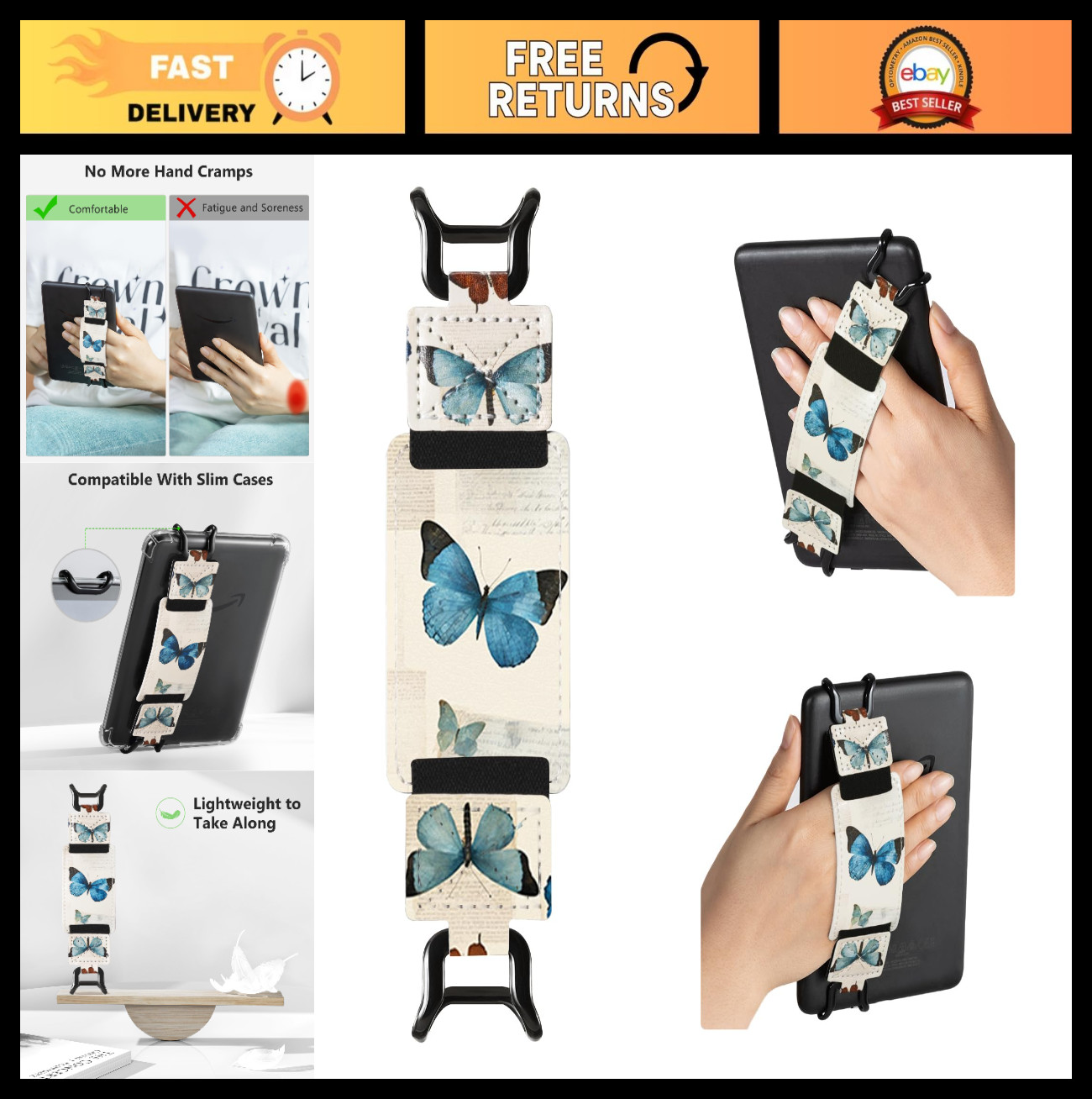 Versatile Hand Strap for 6-7.5" E-Book Reader - Lightweight Finger Grip Holder,