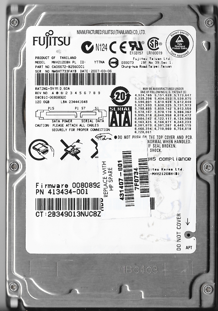 FUJITSU MHV2120BH 120GB SATA 2.5" HARD DRIVE P/N: CA06672-B25600C1 FW: 0080892C