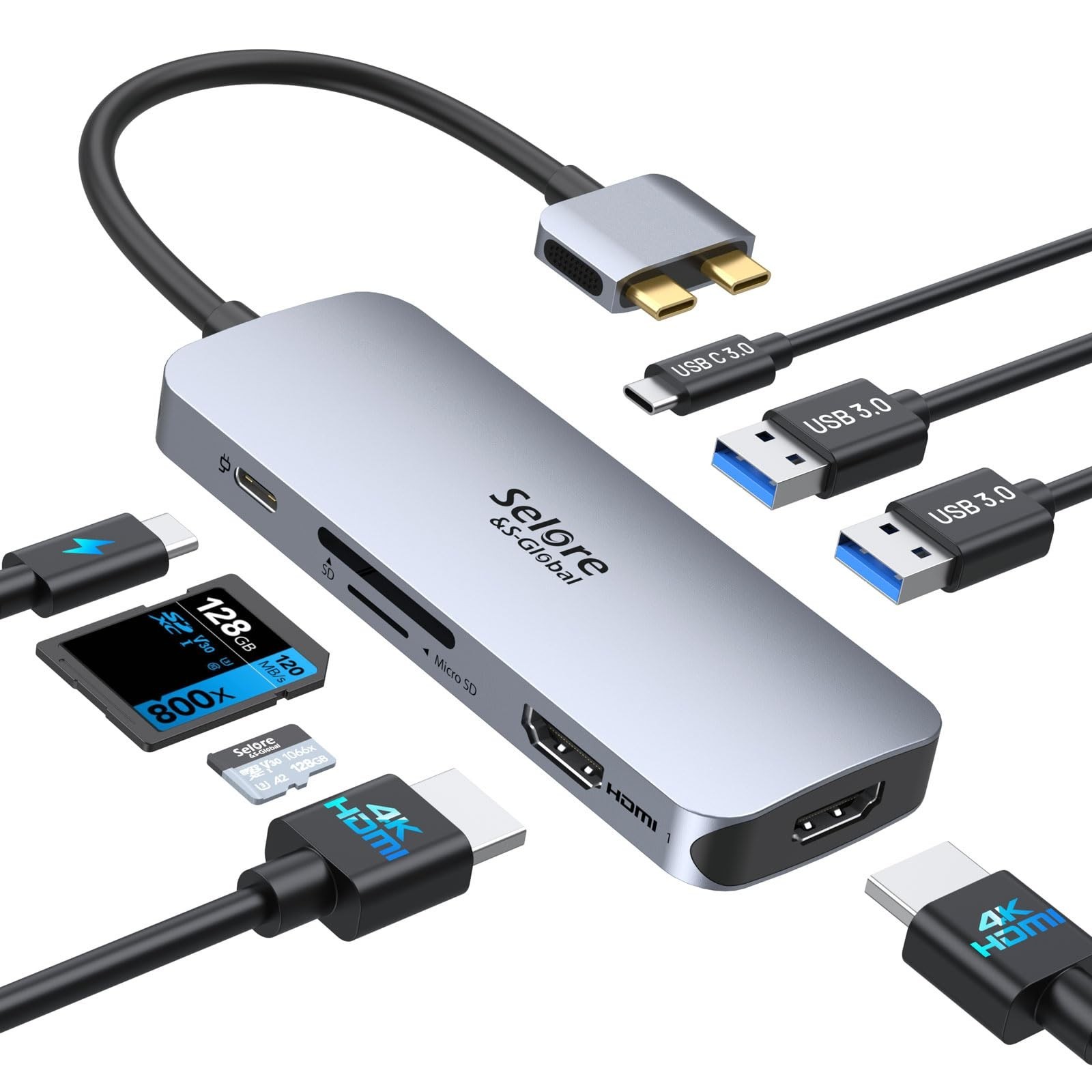 Selore 8-in-2 USB-C Hub MacBook Pro/Air Dual HDMI 4K SD TF PD Dock