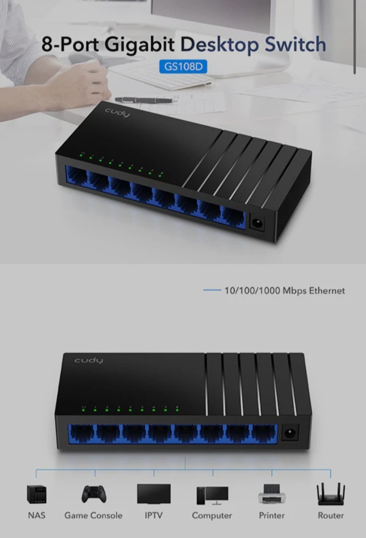 Cudy 8- Port Gigabit 10/100/1000 Mbps Desktop Metal Switch Model# GS108D