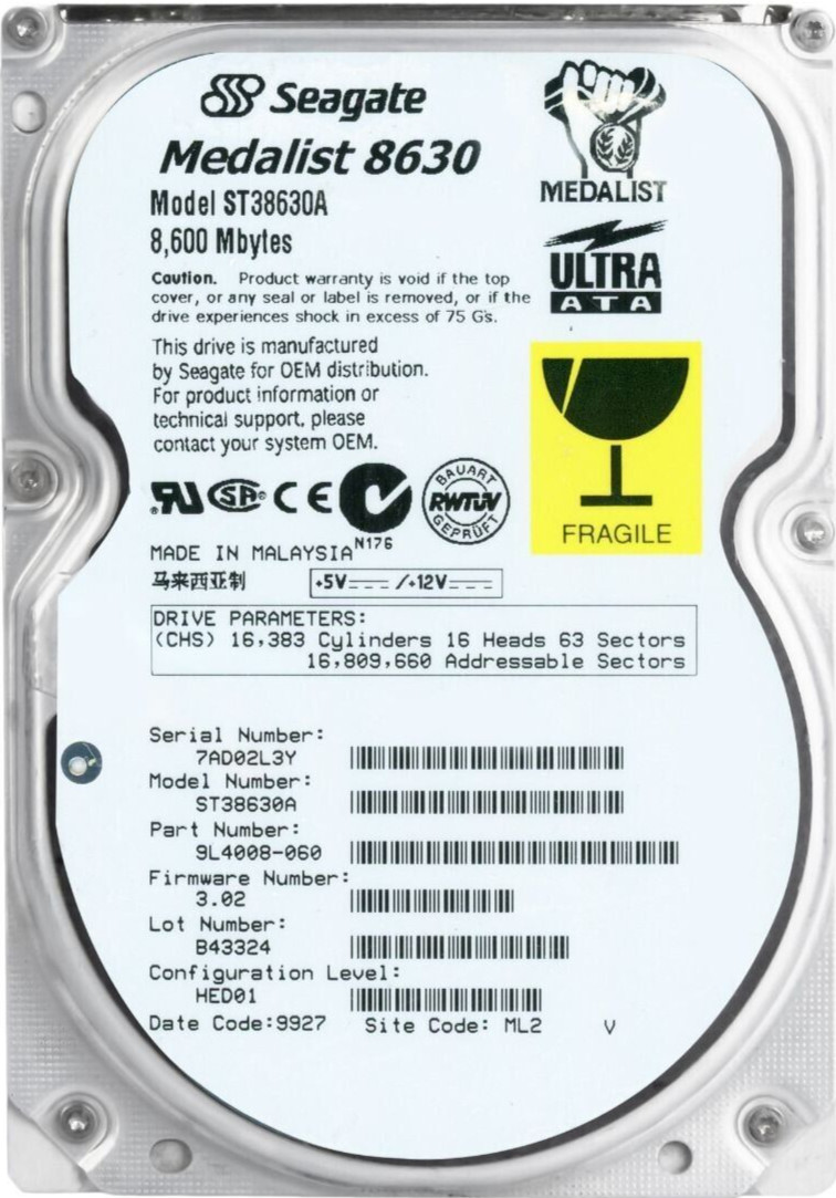 HARD DRIVE SEAGATE MEDALIST 8630 ST38630A 8.6GB 5400RPM IDE ATA 3.5'' inch