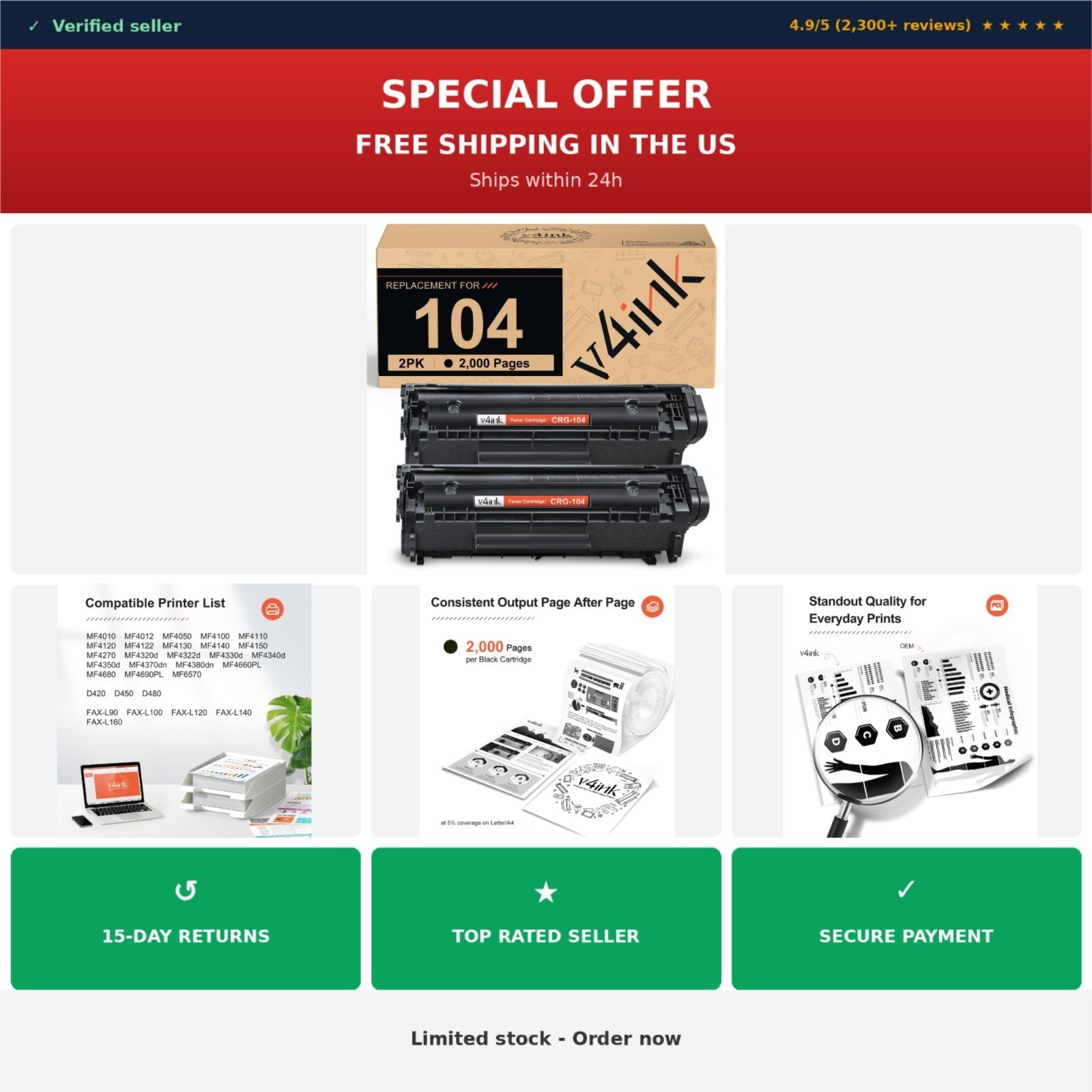 v4ink 104 Toner Cartridge Black 2-Pack Compatible Canon CRG-104 FX9 FX10