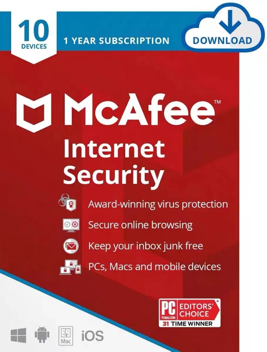 McAfee Internet Security 10 Devices, 1 Year Suscription.