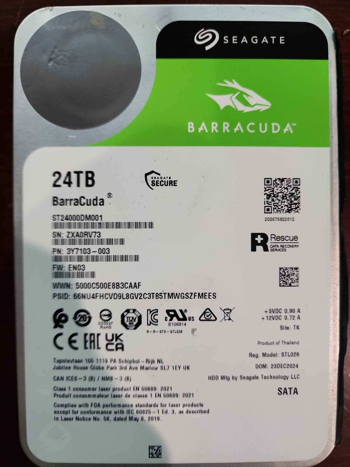 Seagate BarraCuda 24TB HDD ST24000DM001 3.5in SATA Smart Test Passed