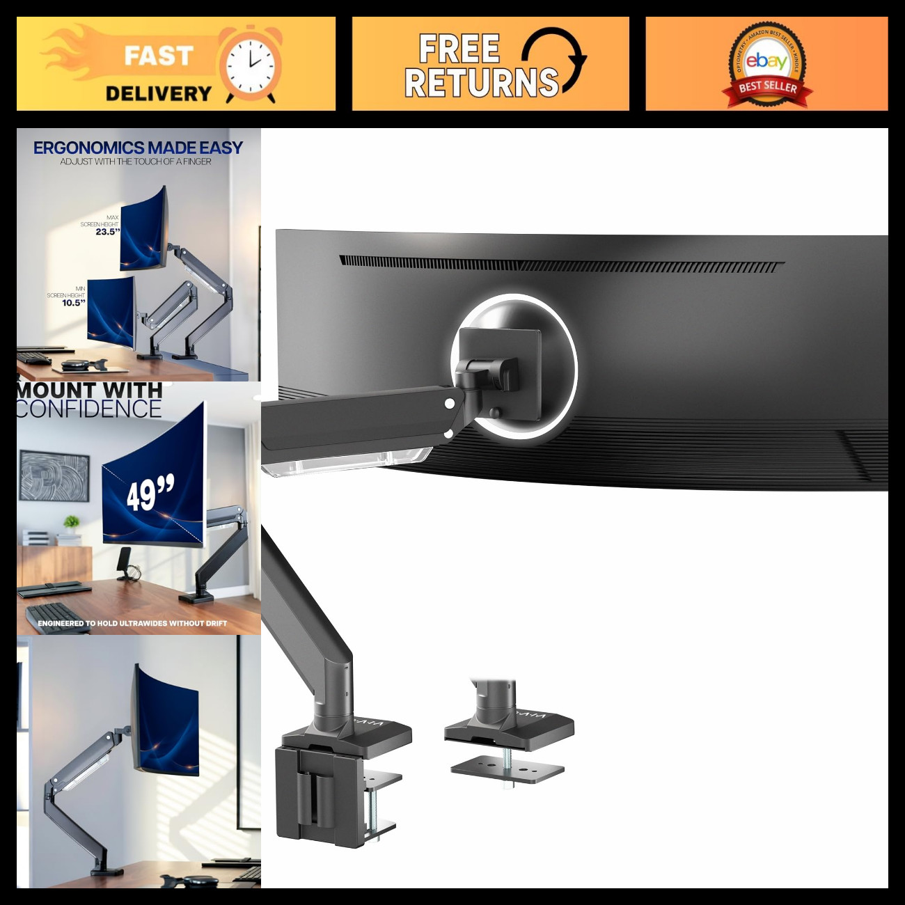 Heavy Duty Ultrawide Monitor Arm for 49" Screens, Pneumatic Height Adjust, VESA