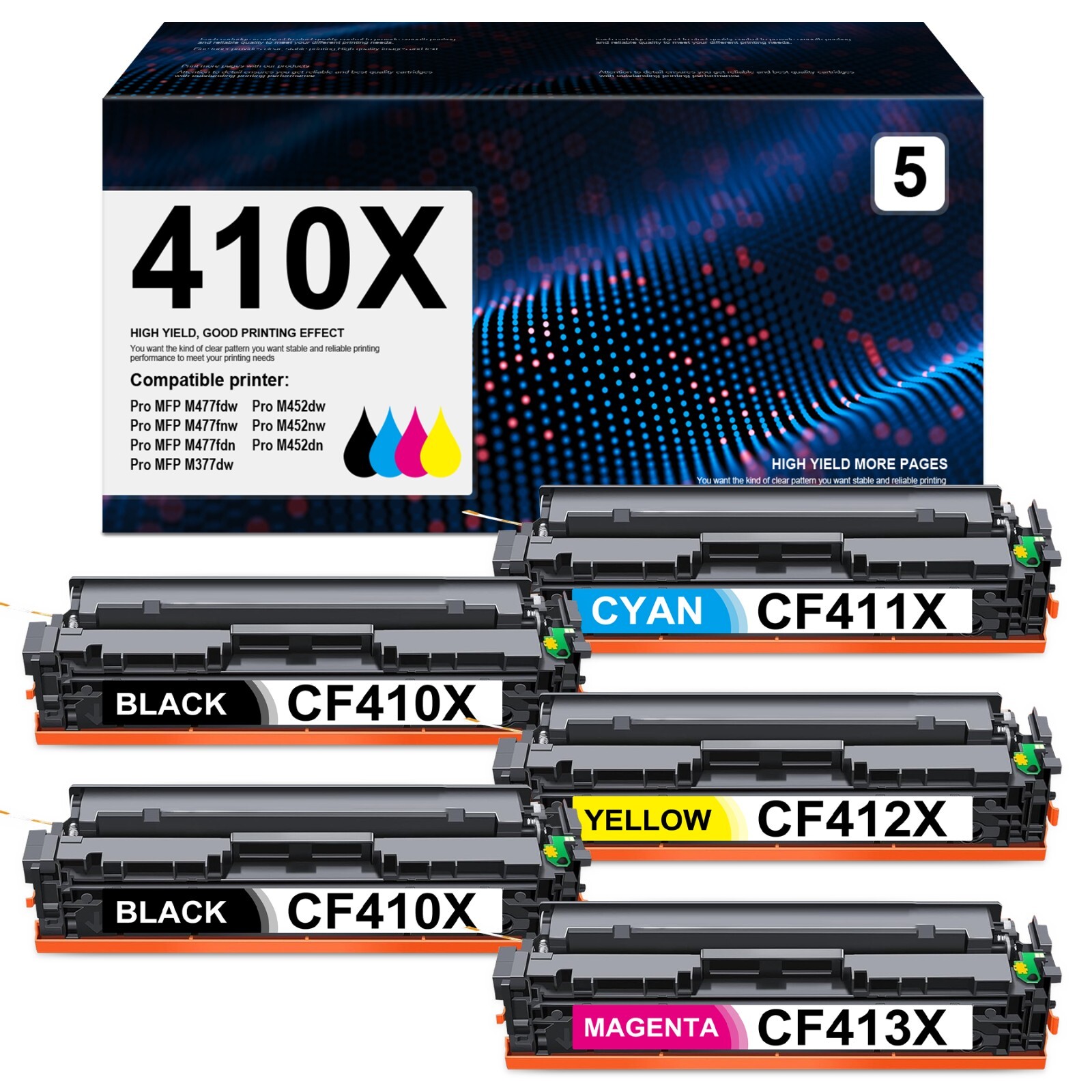 High Yield 410A 410X Toner for HP M477 M452 Series Printers (5-Pack, C/M/Y/2K)