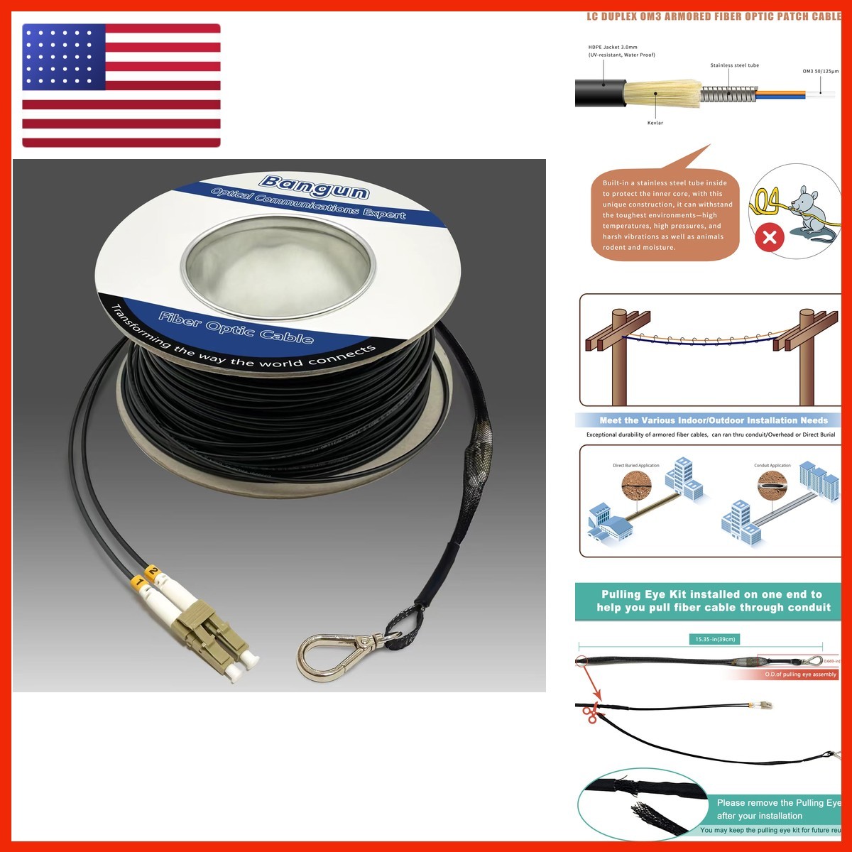 Bangun 75m OM3 LC to LC Outdoor Armored Fiber Optic Cable 50/125 Black