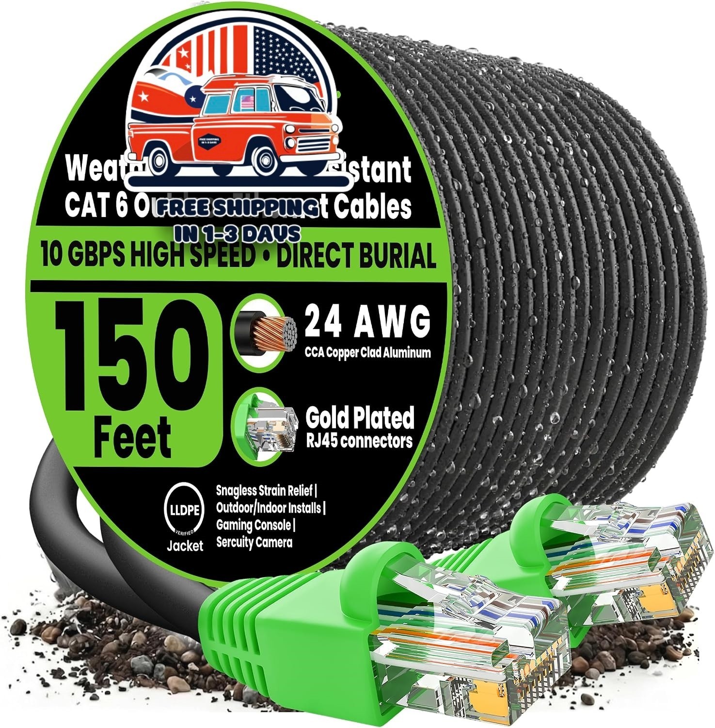 Cable Ethercon CAT6 blindado (150 pies) Audio profesional, negro, Calibre 24 AWG