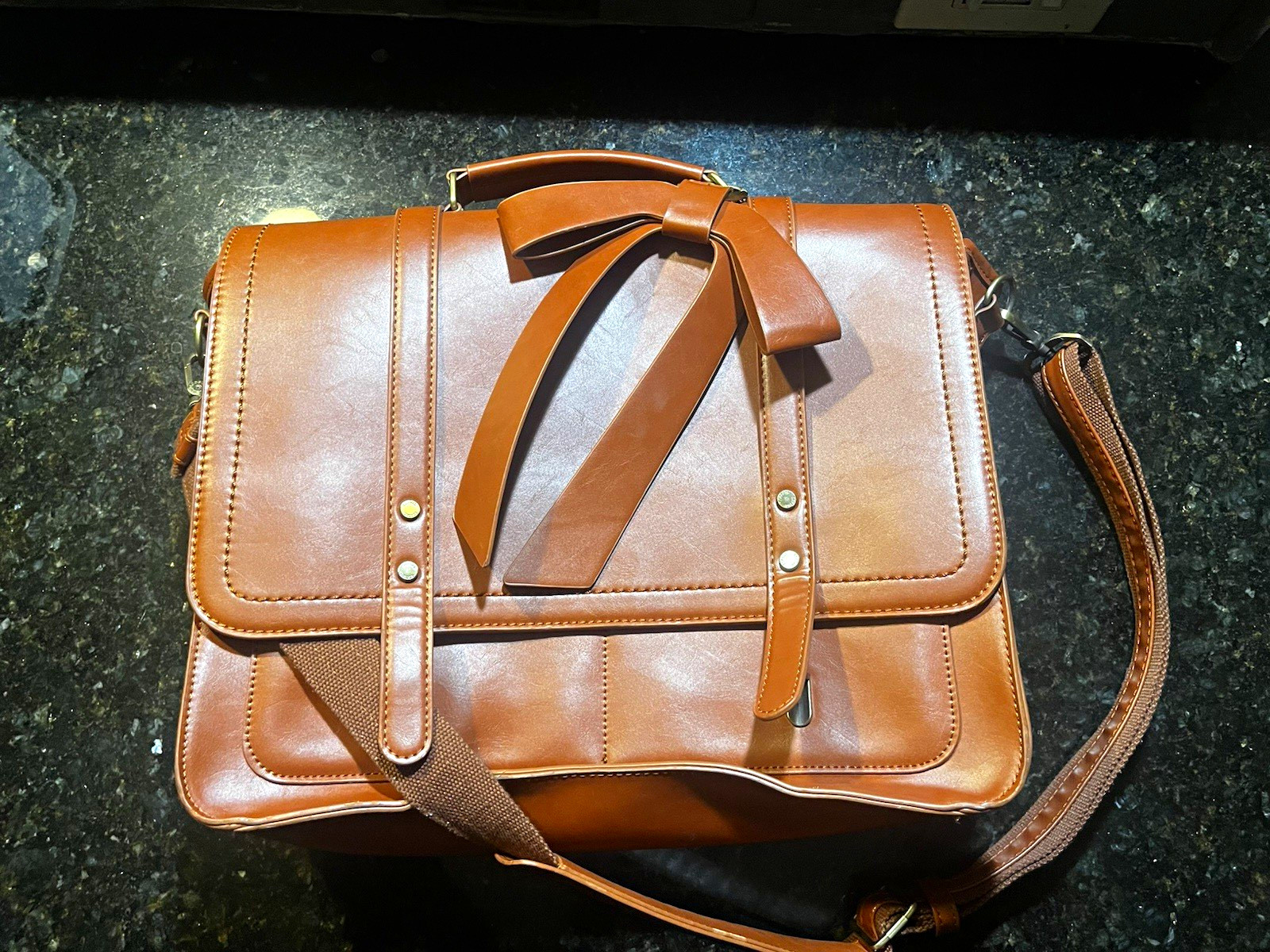 ECOSUSI Brown Faux Leather with leather bow bag / brief, Solid, Adjustable Strap