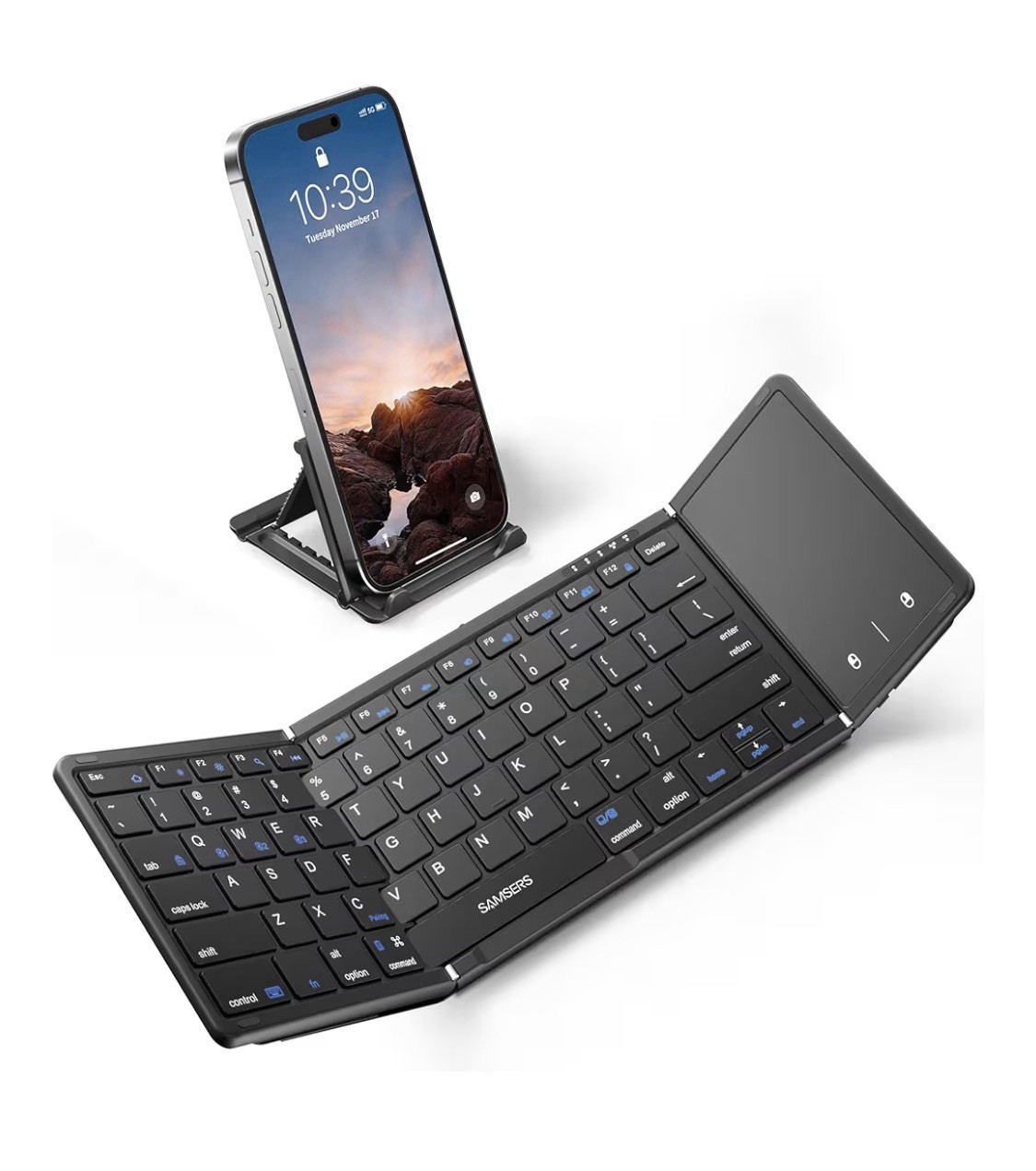 Full-Size Foldable Bluetooth Keyboard with Large Touchpad, Blue