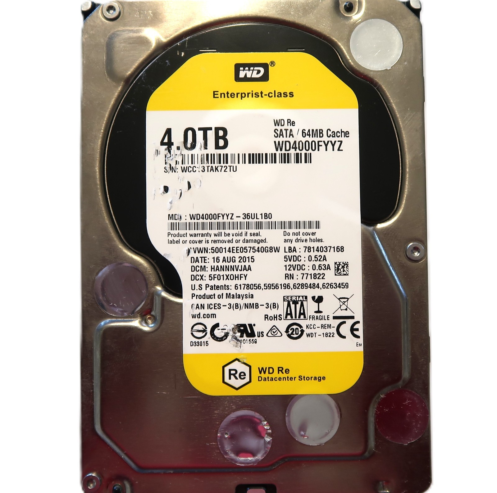WD WD4000FYYZ-36UL1B0 HANNNVJAA (WCC) Malaysia 4.0TB 3.5" Sata HDD AUG/2015