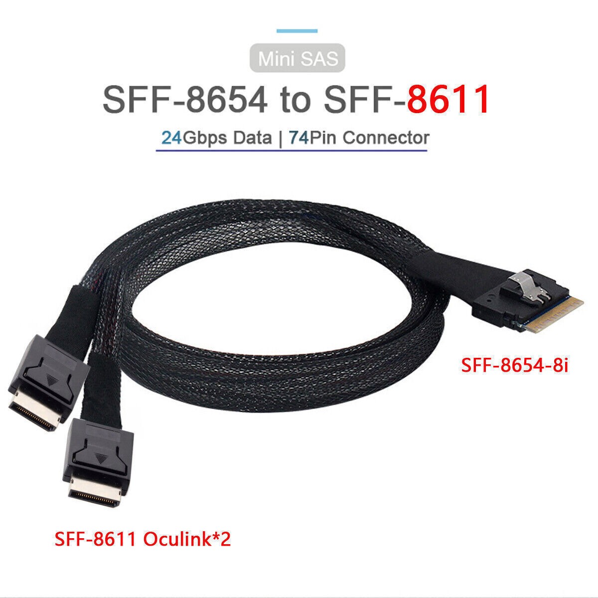 SlimSAS 8i SFF-8654 to 2x OCuLink 4i SFF-8611 Cable 1.0M USK